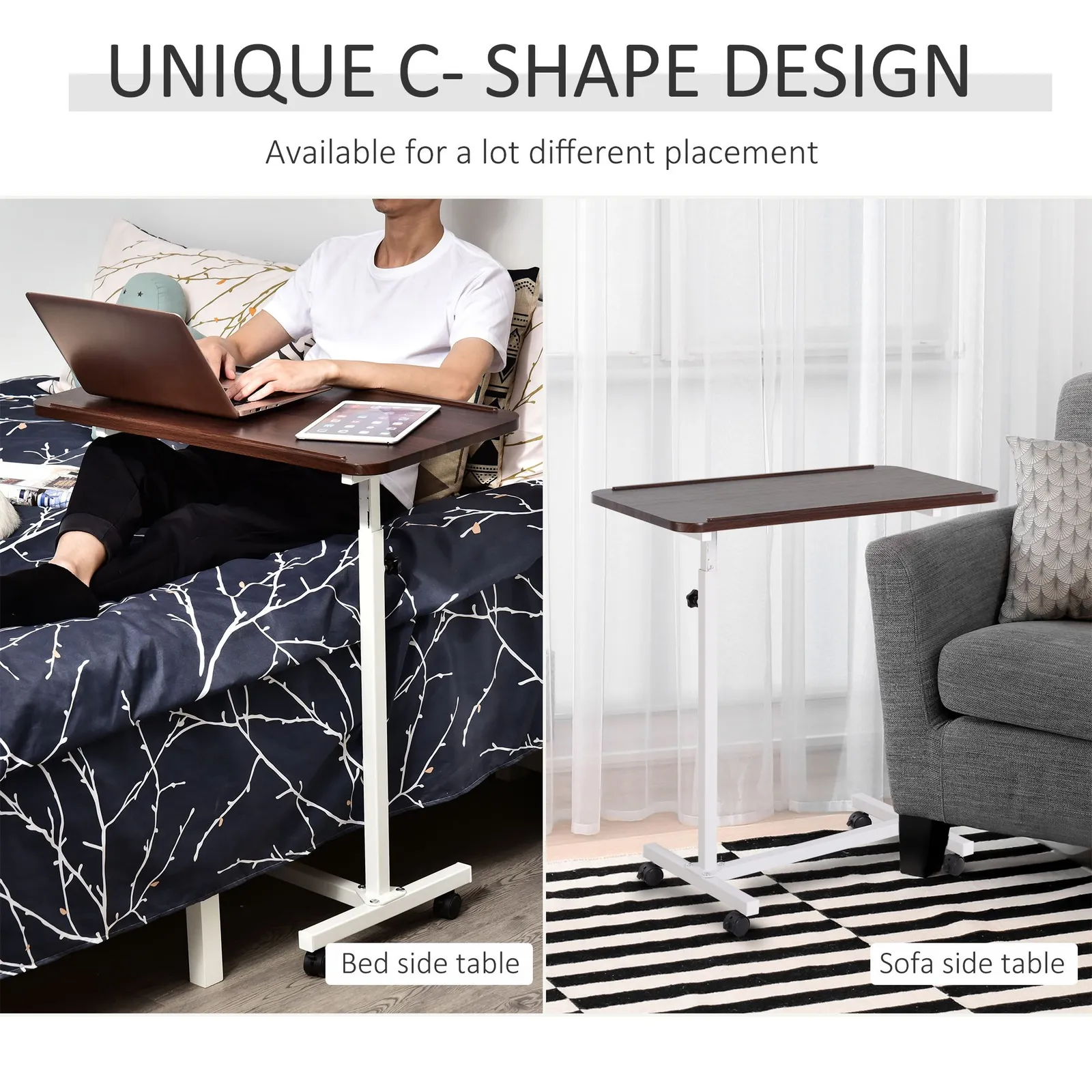 HOMCOM C-Shaped Mobile Table Sofa Over Bed Side Nightstand w/ Casters, Brake in Brown 4