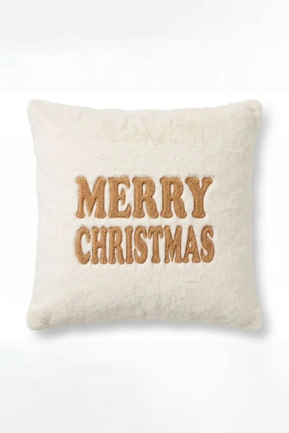 Homescapes Festive Faux Fur Cushion Embroidered Holiday Greeting in Cream 2