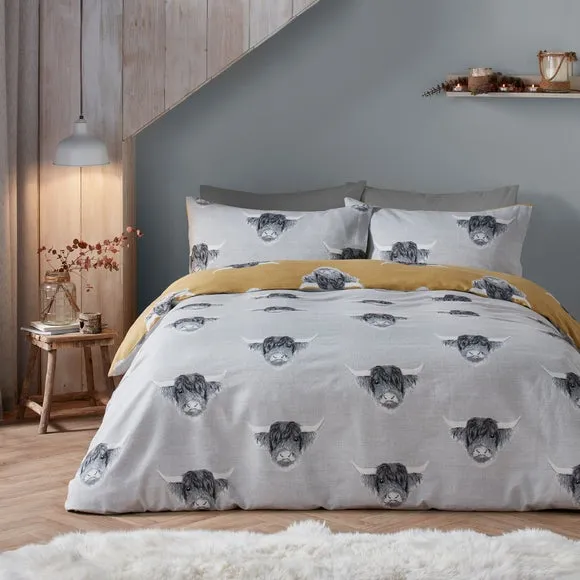 Fusion Snug Highland Cow Ochre Duvet Cover and Pillowcase Set 4