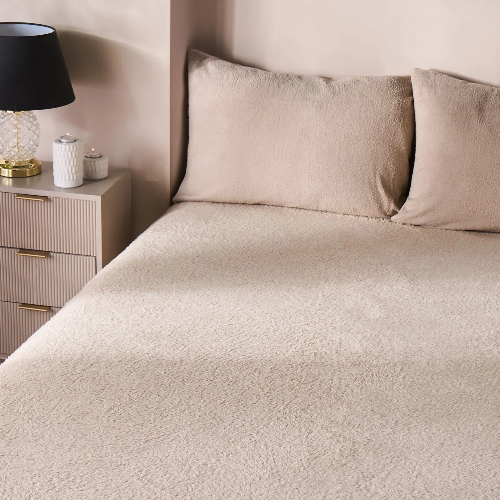 OHS Teddy Fleece Thermal Fitted Bed Sheet in Stone | Size: Double Fitted