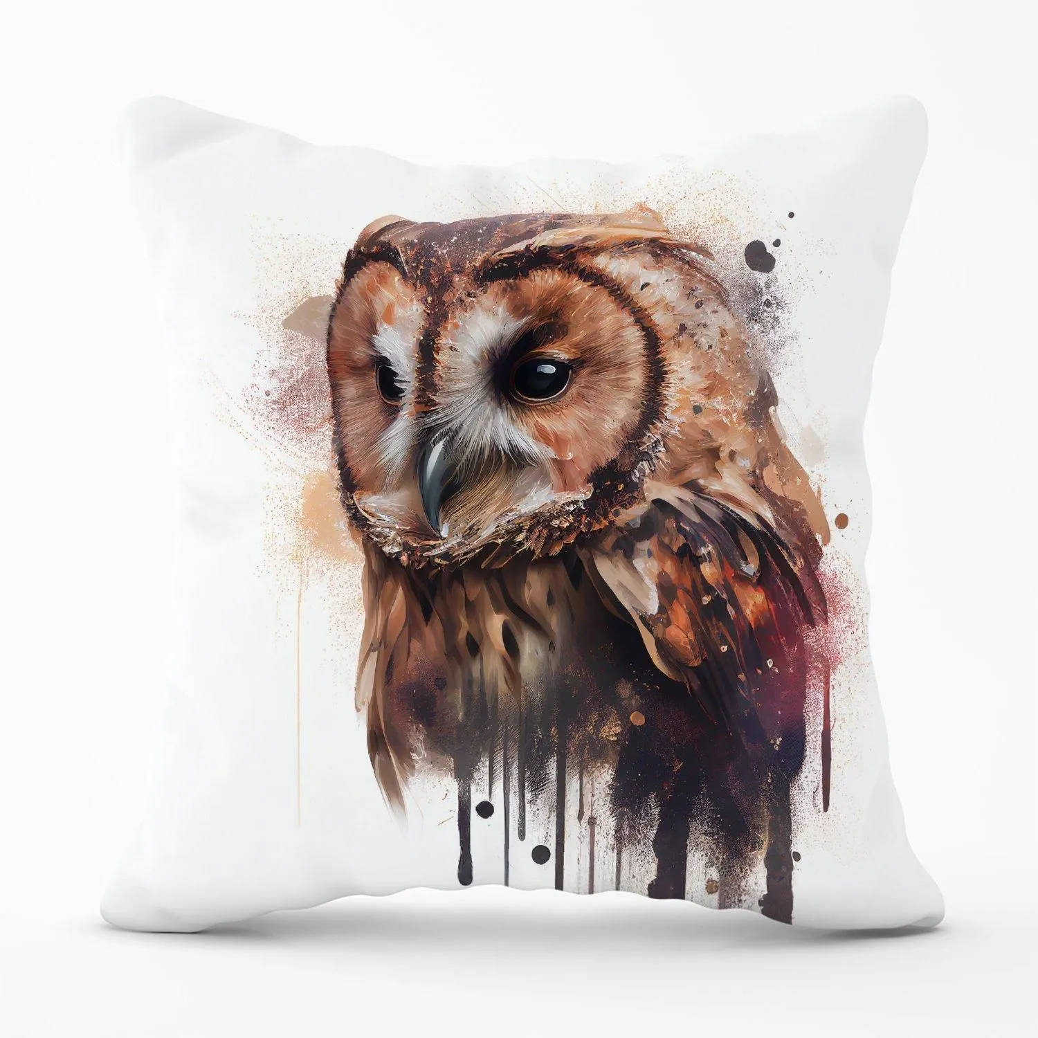 Warren Reed - Designer Tawny Owl Face Splashart Light Background Outdoor Cushion in Brown