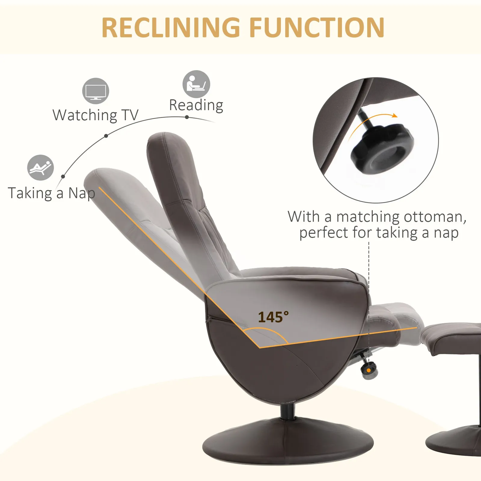 HOMCOM 2 Pcs Reclining Armchair Ottoman 360° Swivel Home Furniture PU Leather in Brown 4