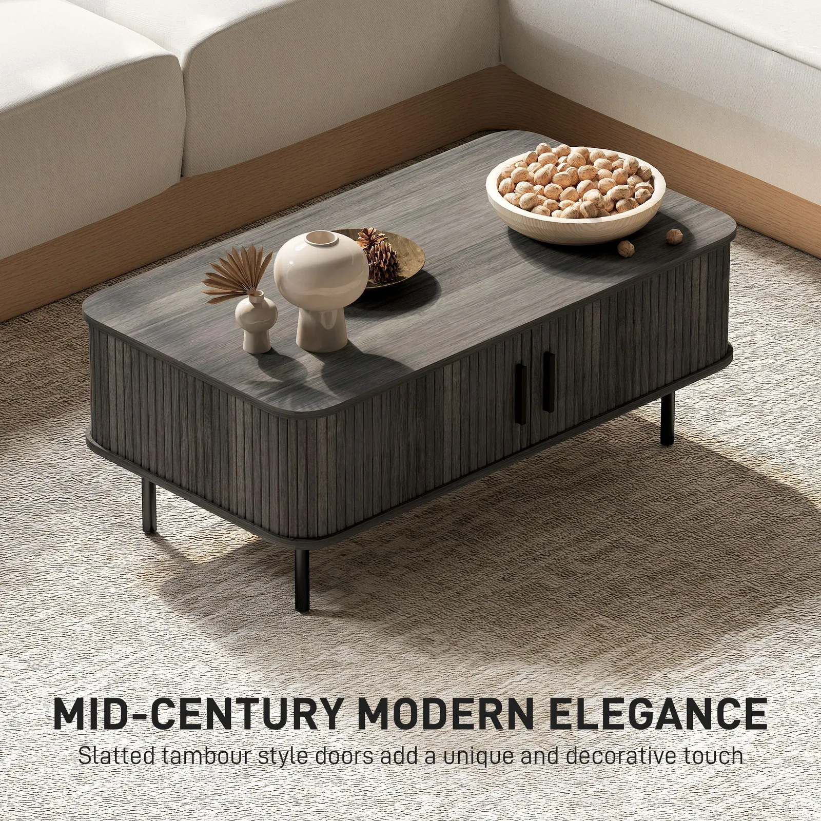 HOMCOM Coffee Table with Storage & Sliding Doors for Living Room in Grey 4