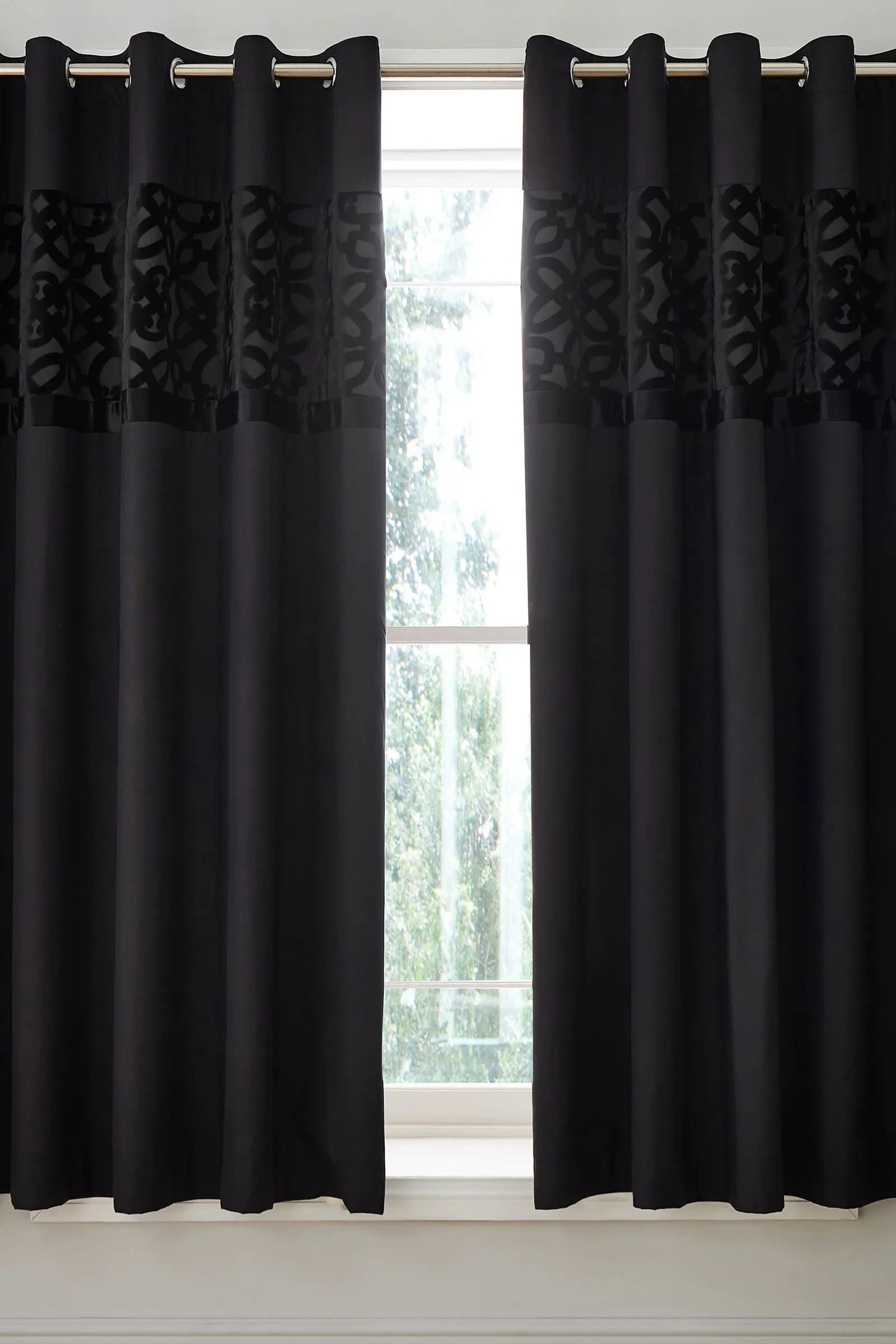 Catherine Lansfield 'Lattice Cut Velvet' Lined Eyelet Curtains in Black