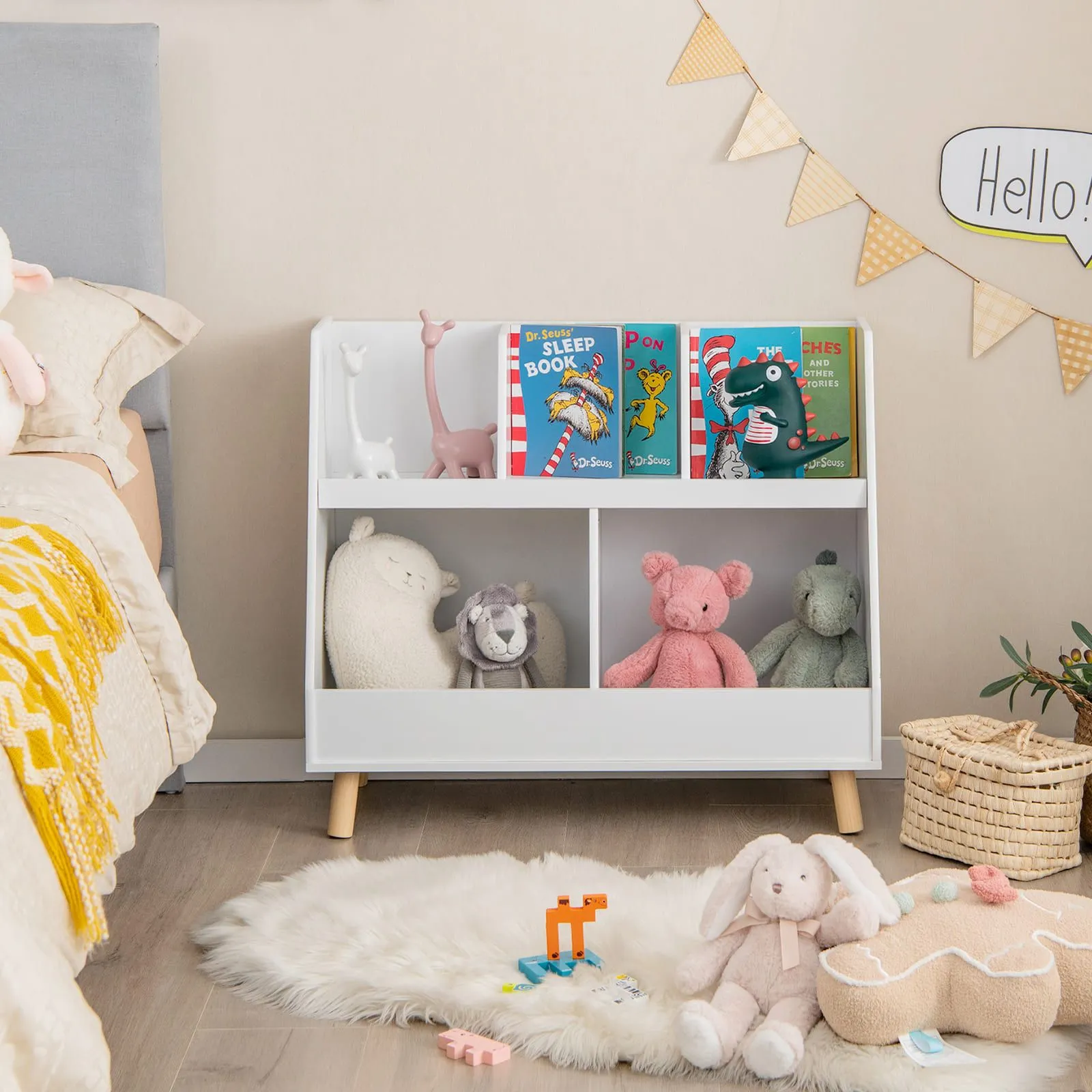 Costway 5Cube Bookshelf & Toy Organizer Wooden Storage Bookcase w/ Wood Legs in White 3