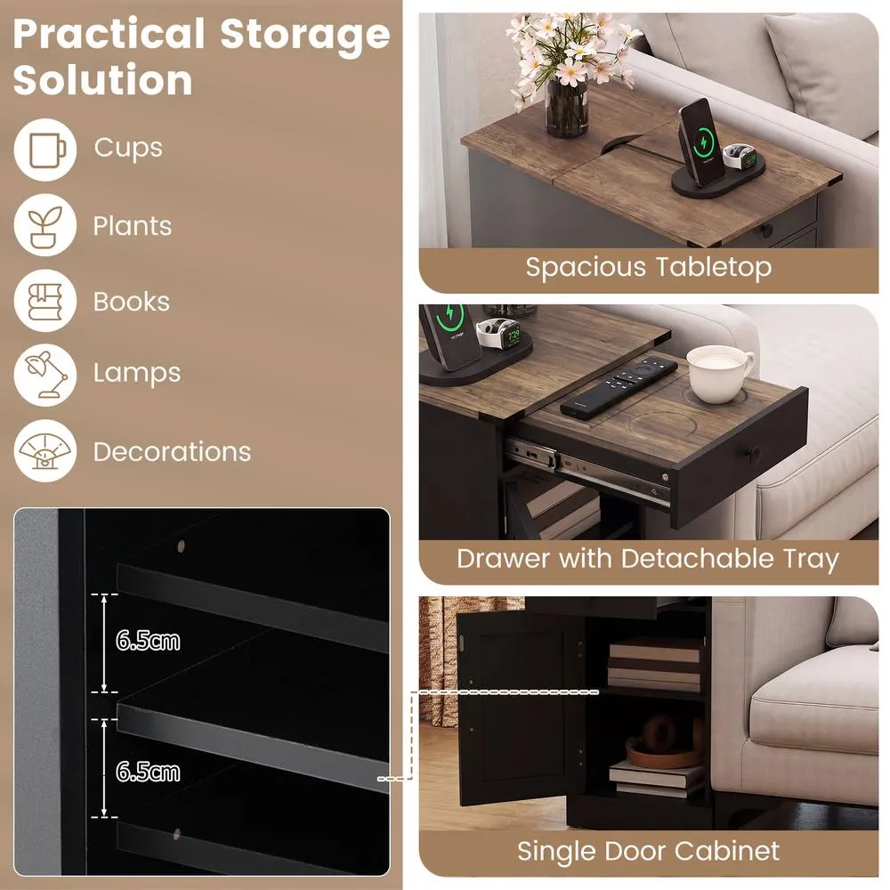 Costway Bedroom End Table with Charging Station in Black 5