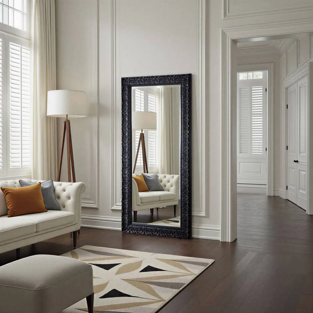 Yearn Mirrors Carved Framed Bevelled Full Length Mirror Black 169x77cm 4