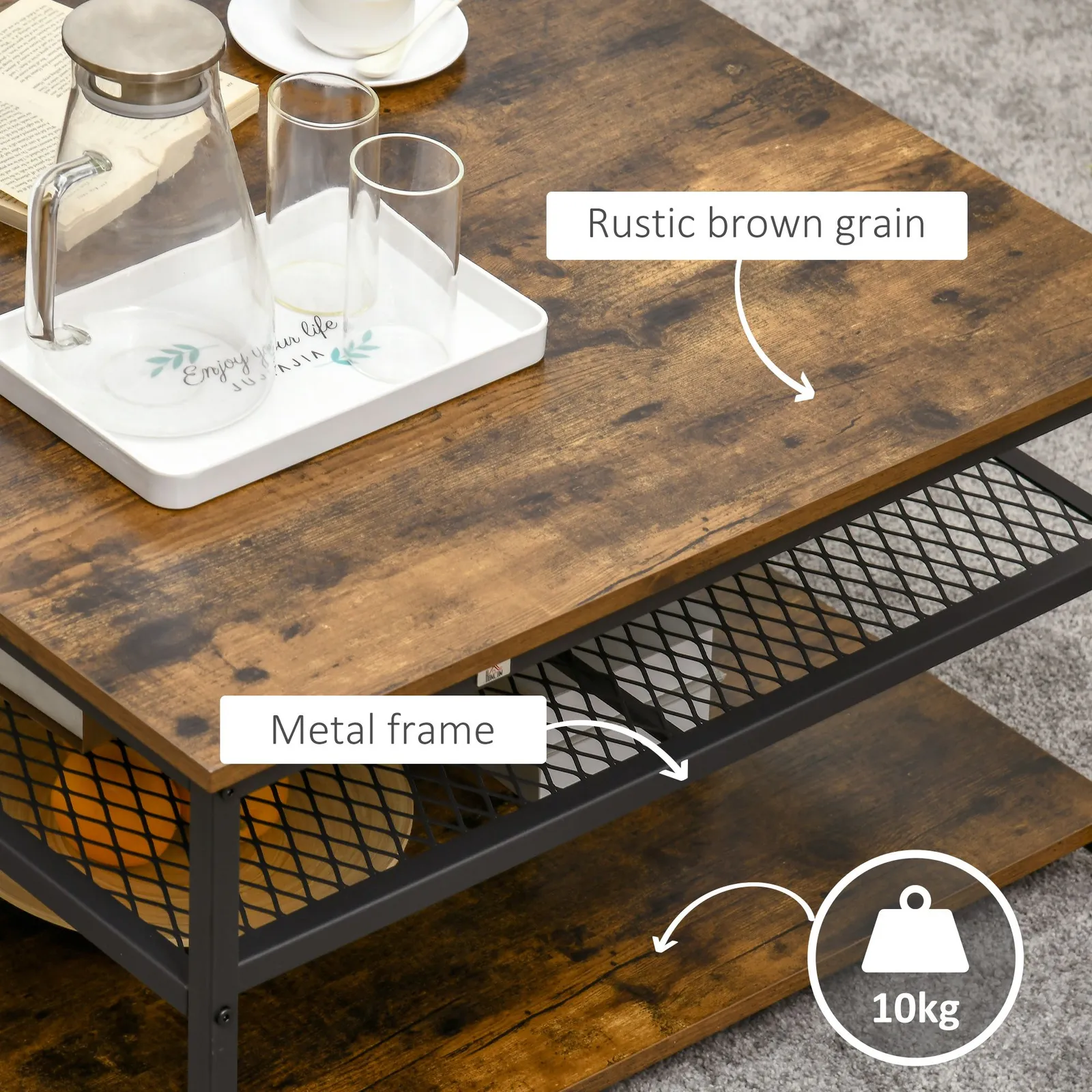 HOMCOM Industrial Coffee Table Centre Table with 3-Tier Storage Shelves in Brown 6