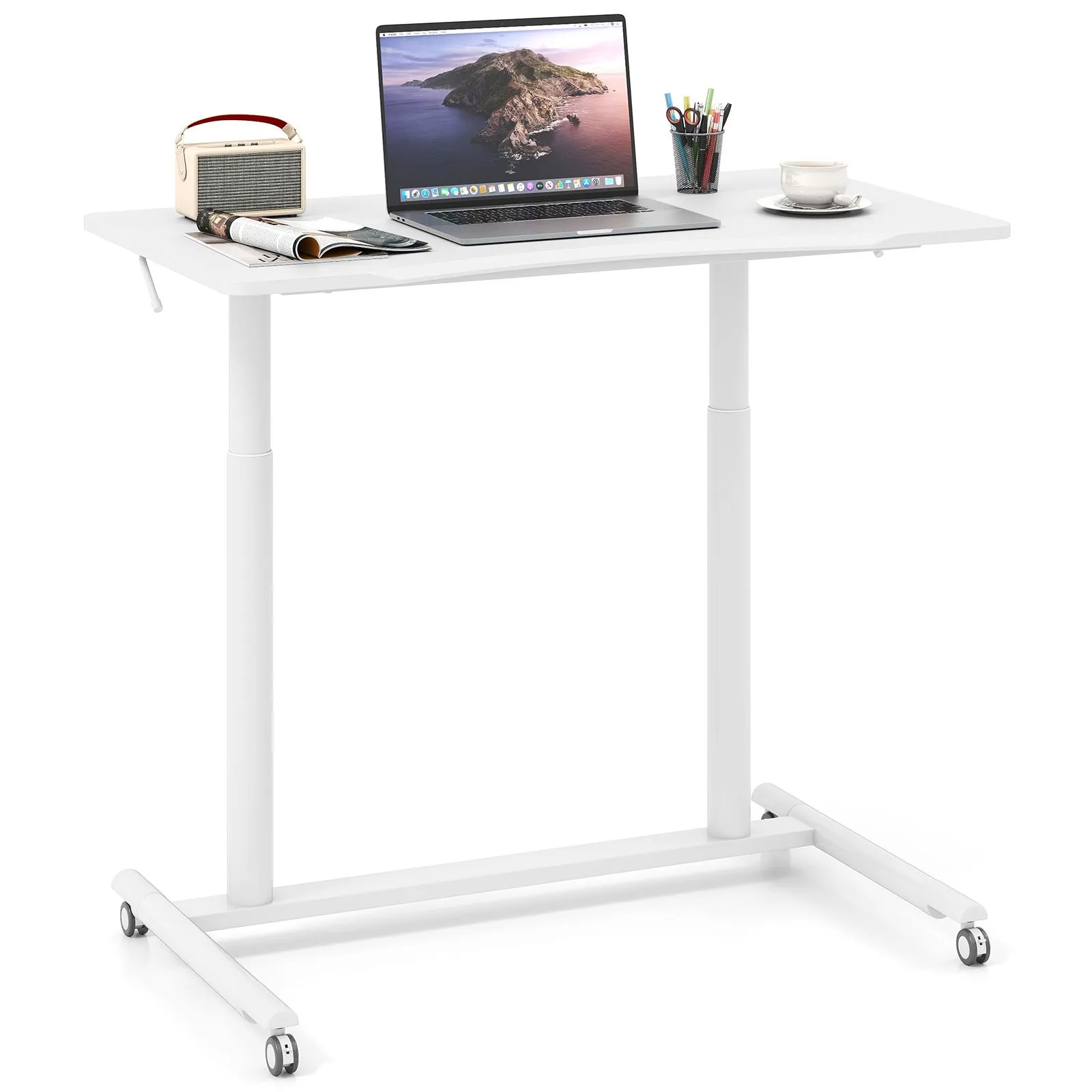 Costway Mobile Standing Desk C-Shaped Sit Stand Desk w/Adjustable Height in White 1