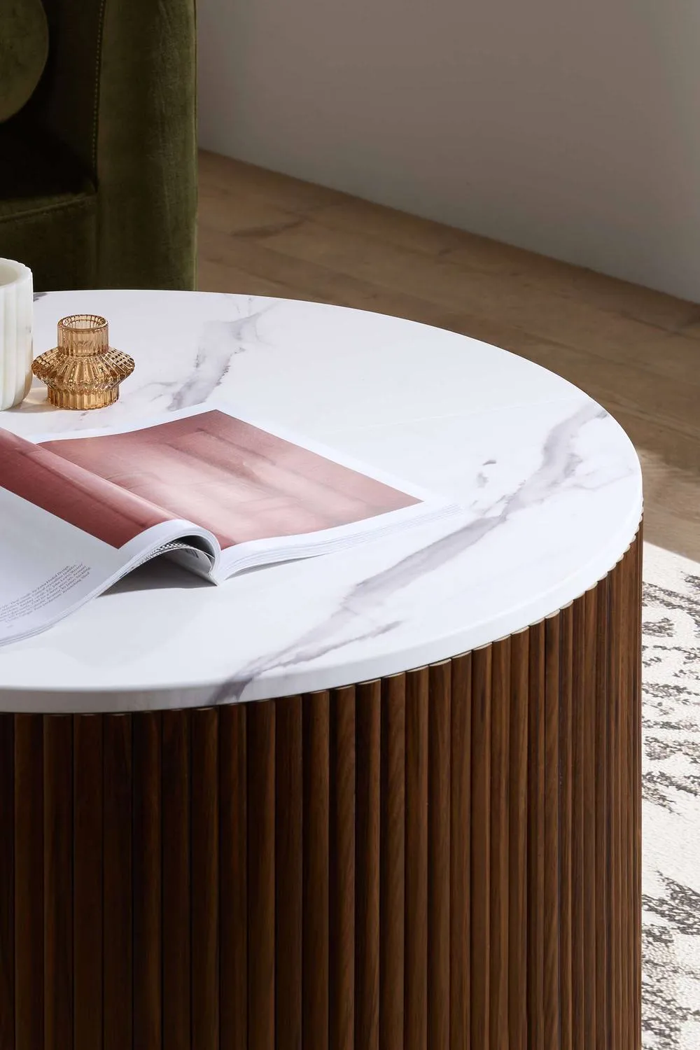 Birlea Kagu Coffee Table Fluted Ribbed Walnut & Marble effect in Brown 4