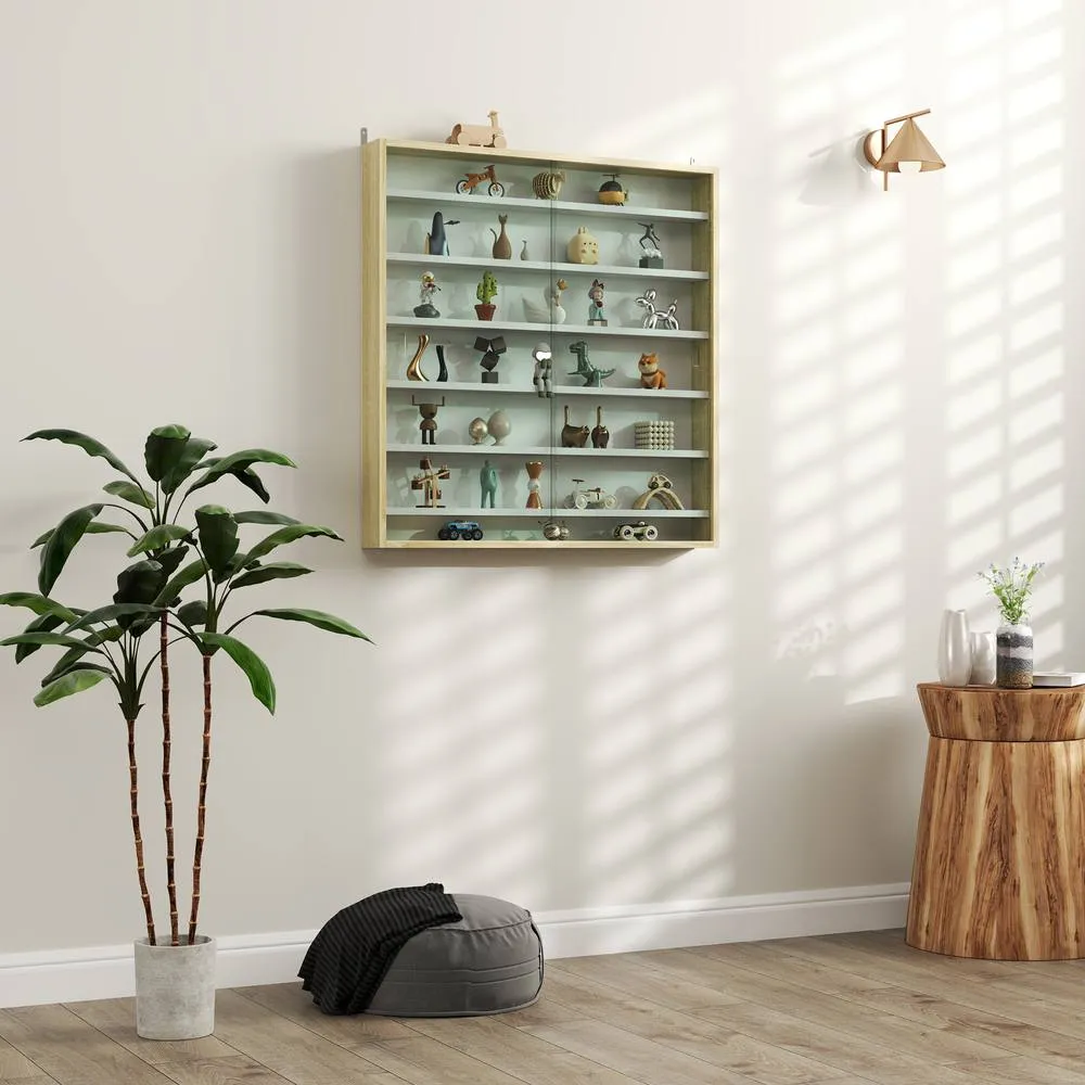 HOMCOM 7-Tier Wall Display Cabinet w/ Adjustable Shelves Glass Doors in Light Brown 1