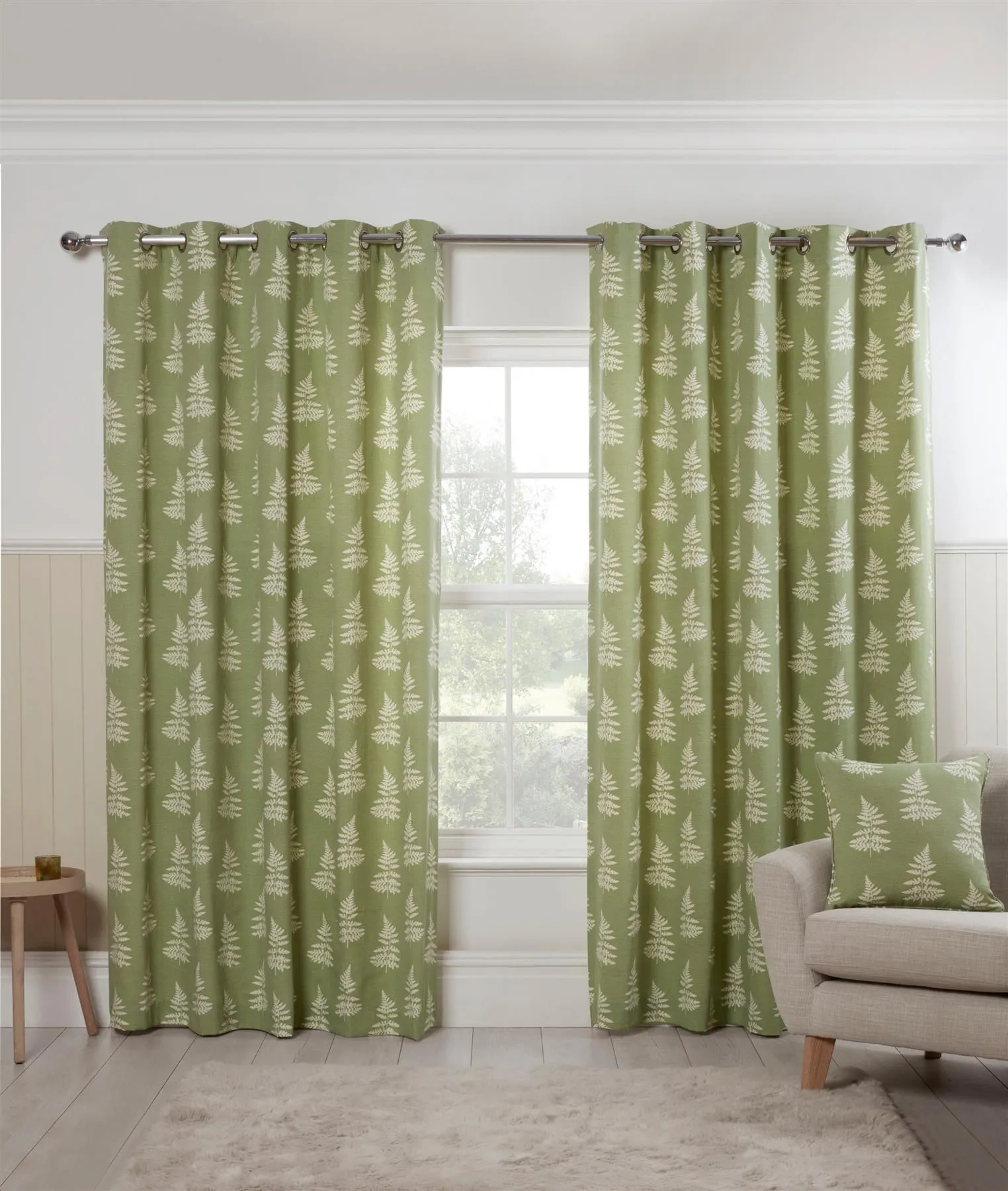 Sundour Esher Fern Leaf Eyelet Curtains in Green 1