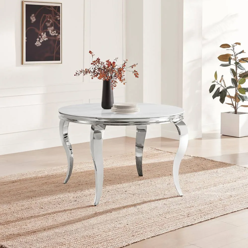 FurnitureboxUK Skye Round White Marble Glass & Metal 6 Seater Dining Table