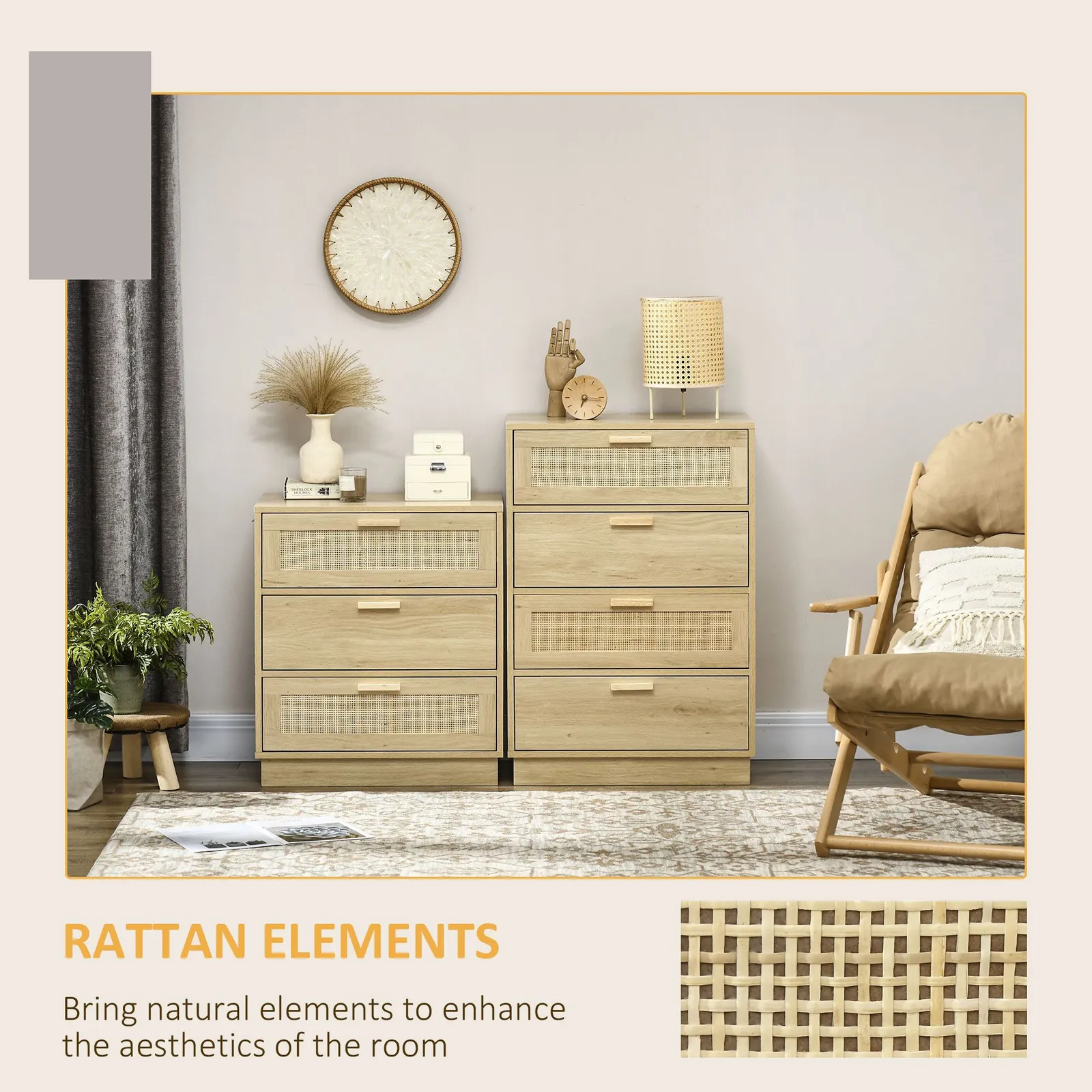 HOMCOM 4 Drawer Dresser, Boho Chest of Drawers Storage Cabinet, Natural 6