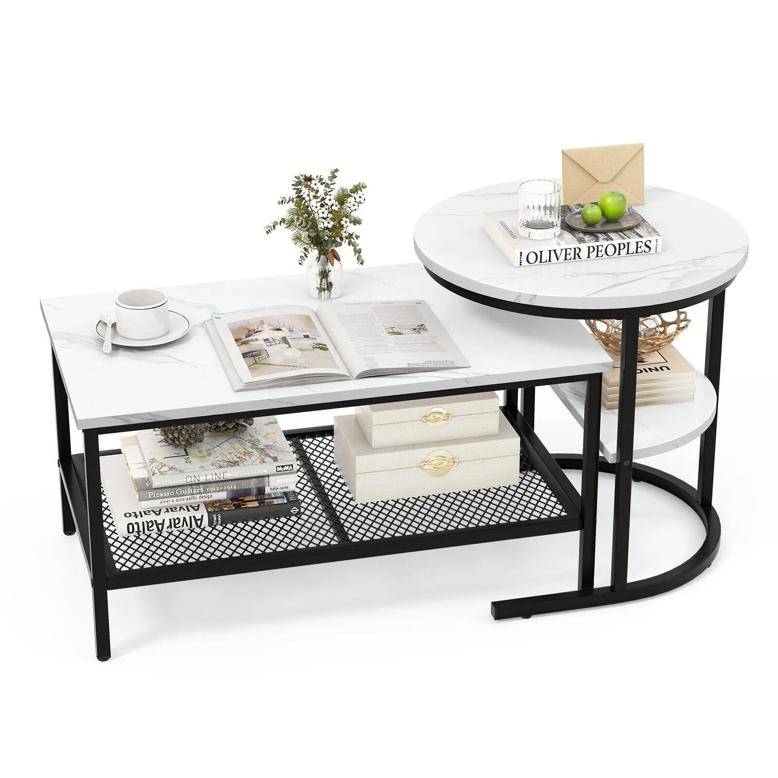 Costway Set of 2 Coffee Nesting Table Set Detachable 2-Tier Sofa Side Table Faux Marble Tabletop in Black