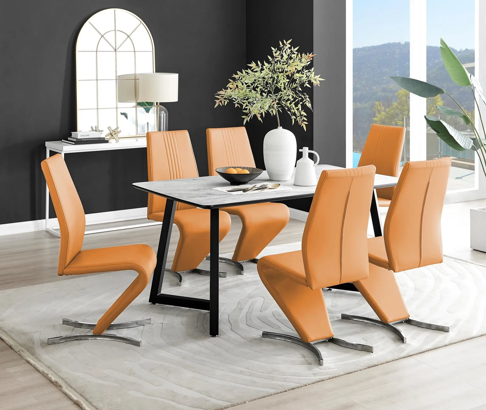 FurnitureboxUK Carson White Marble Effect Dining Table & 6 Willow Chairs in Mustard 1