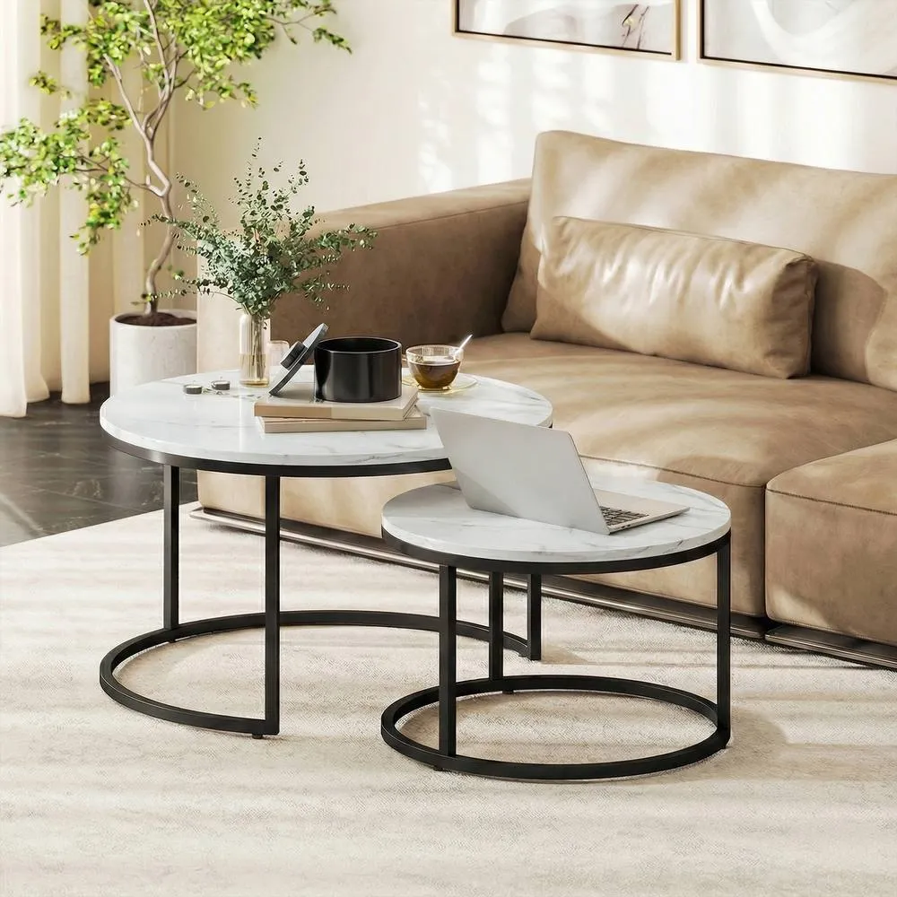 HOMCOM 2 Pcs Stacking Coffee Table Set Steel Frame in White 1