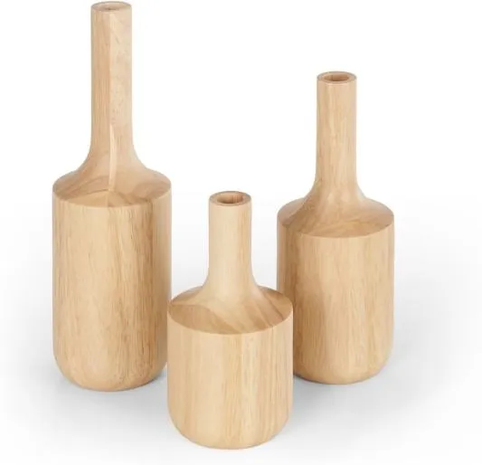 Chirp Set of 3 Wooden Decorative Bottles, Natural