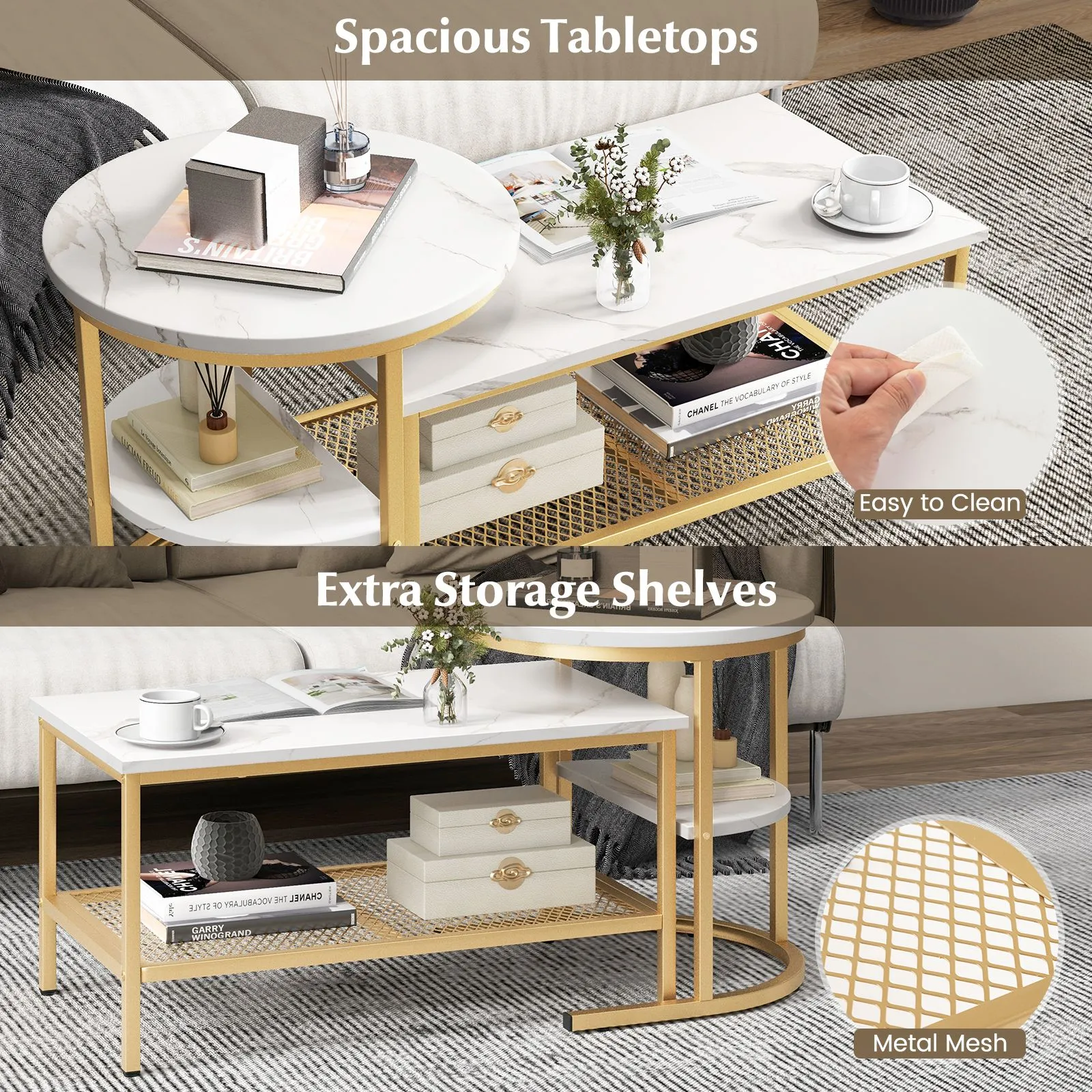 Costway Set of 2 Coffee Nesting Table Set Detachable 2-Tier Sofa Side Table Faux Marble in Gold 6