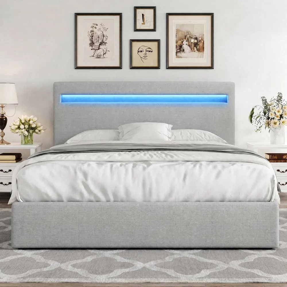 Comfy Living Ltd Fabric Modern Gas Lift Ottoman Bed Frame With LED in Light Grey 2