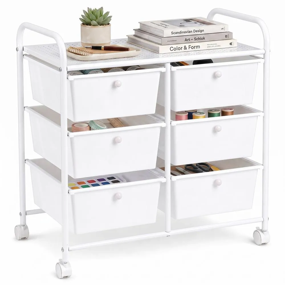 Costway 6-Drawer Rolling Cart Storage Cart w/4 Universal Wheels in White 6
