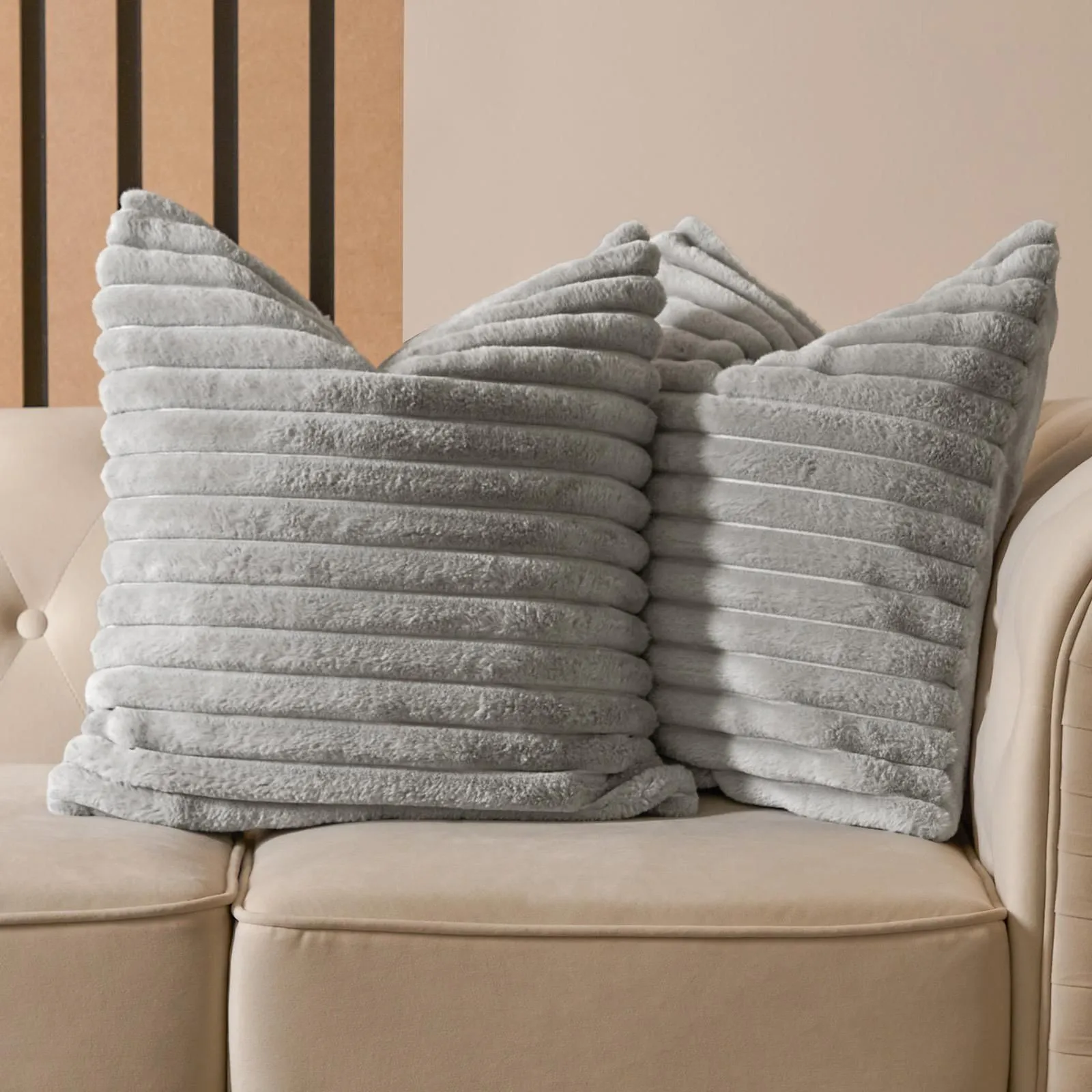 OHS 2 x Faux Fur Thick Rib Cushion Covers in Light Grey