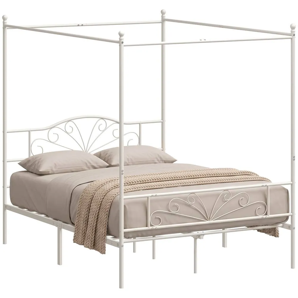 HOMCOM Canopy Bed Frame Double Size, Metal Platform Bed Frame, White