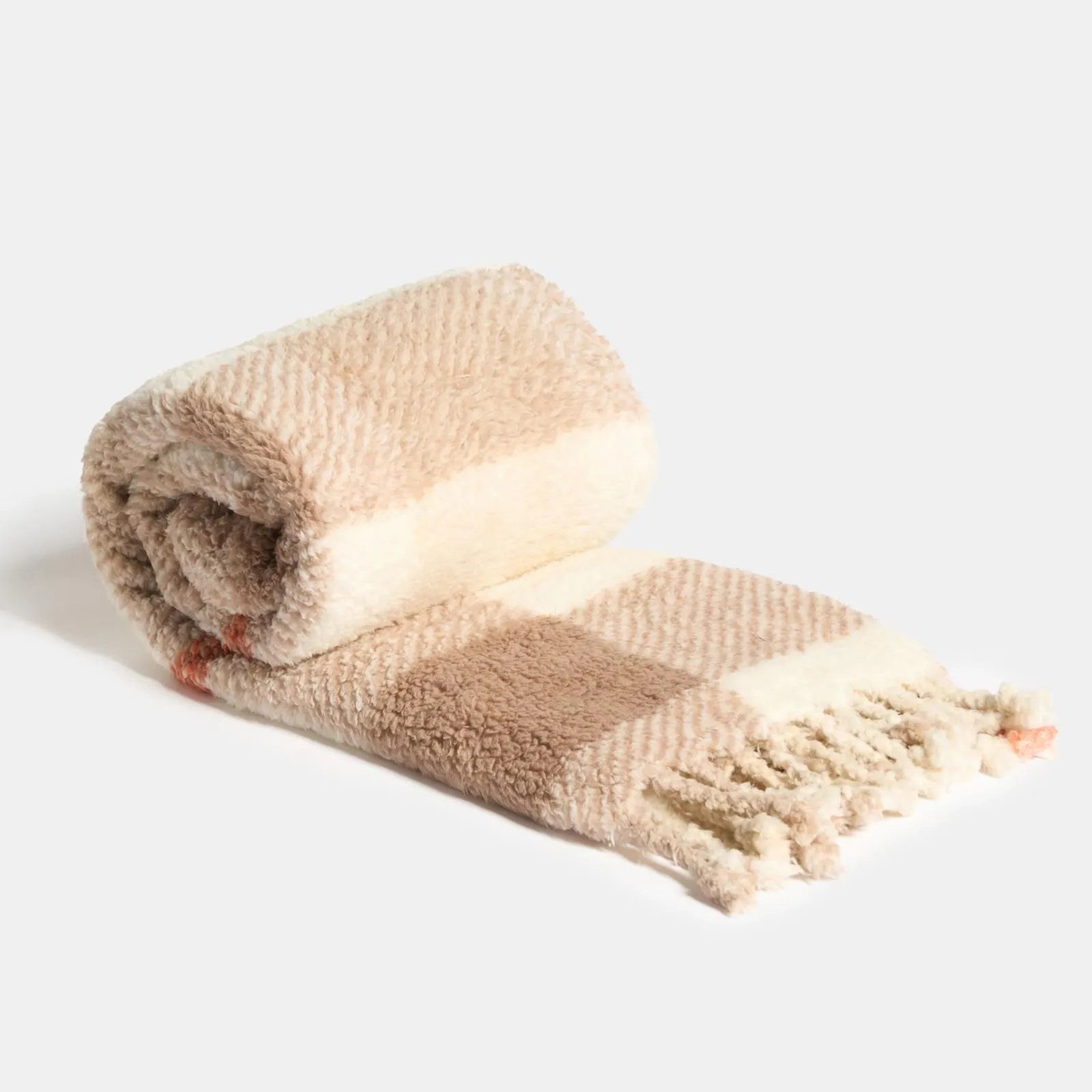 OHS Check Tassel Sherpa Fleece Throw Ultra Soft Cosy Blanket in Burnt Orange