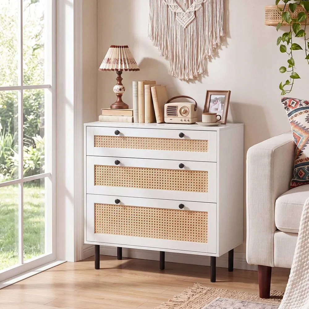 Costway Dresser with 3 Drawers & Rattan Design & 5 Metal Legs in White 3