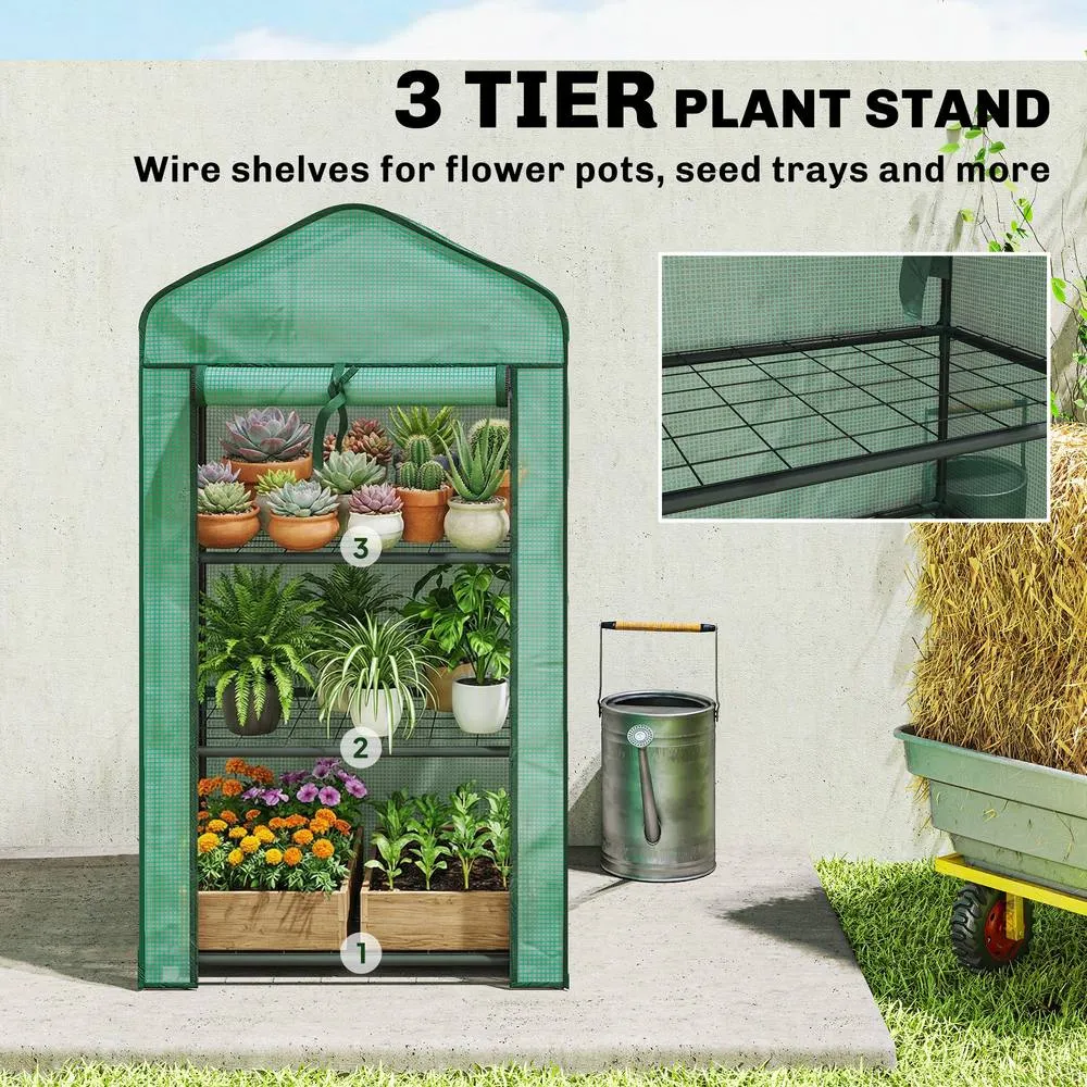 OUTSUNNY Portable Mini Greenhouse with Roll-up Door & Wire Shelves, Green 5