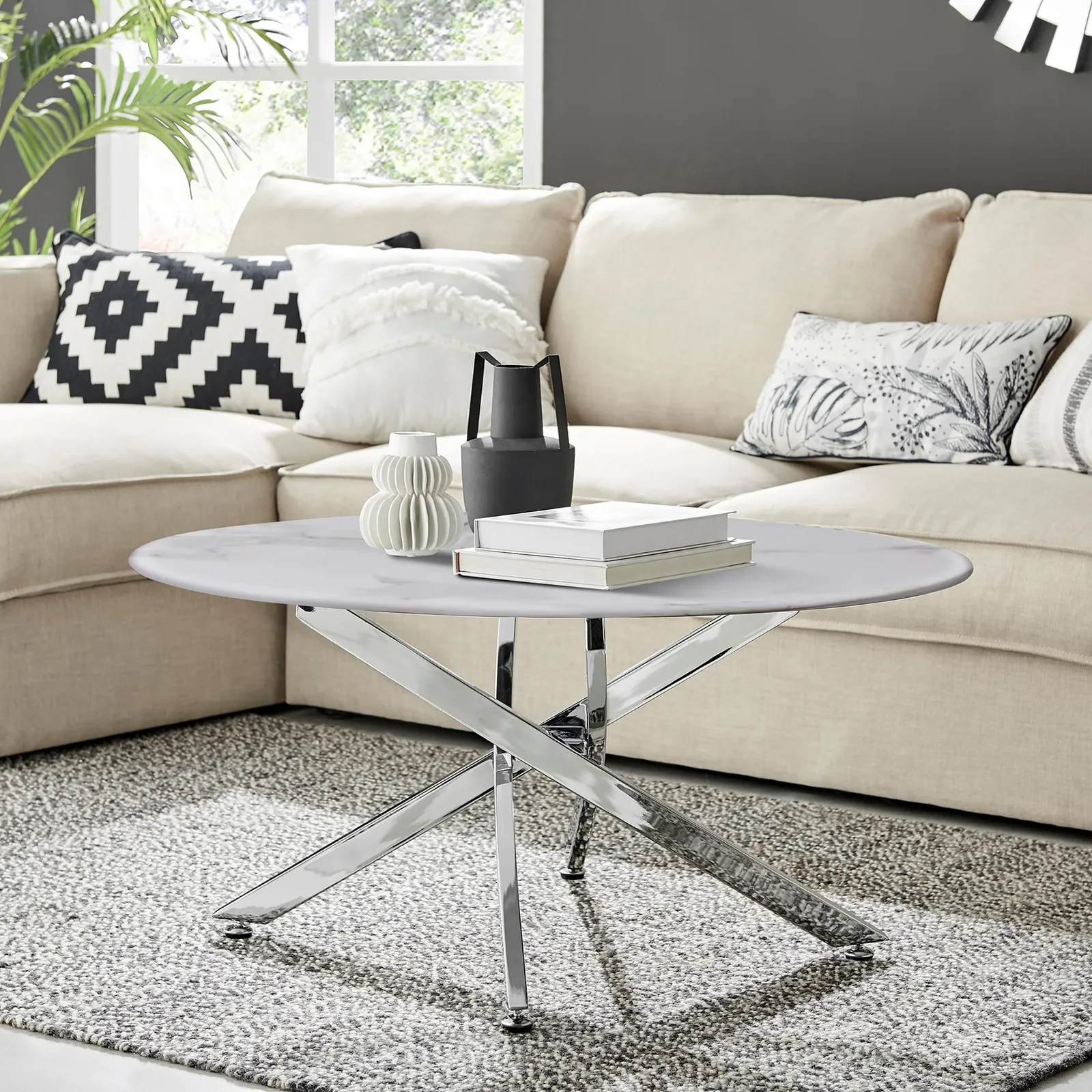 FurnitureboxUK Novara Round Marble Effect Glass Top Coffee Table With Silver Metal Starburst Legs in White