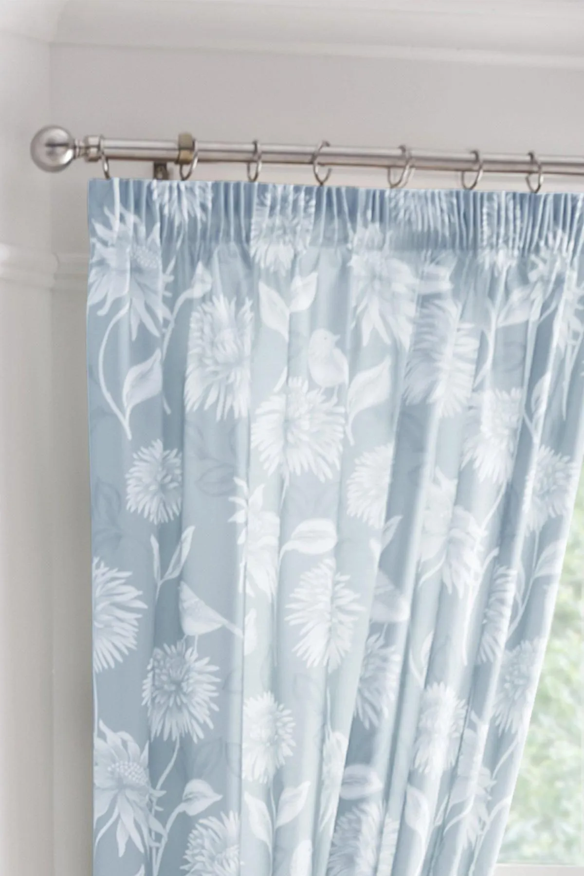 Dreams & Drapes 'Chrysanthemum' Floral Print Lined Pair of Pencil Pleat Curtains With Tie-Backs in Blue 2
