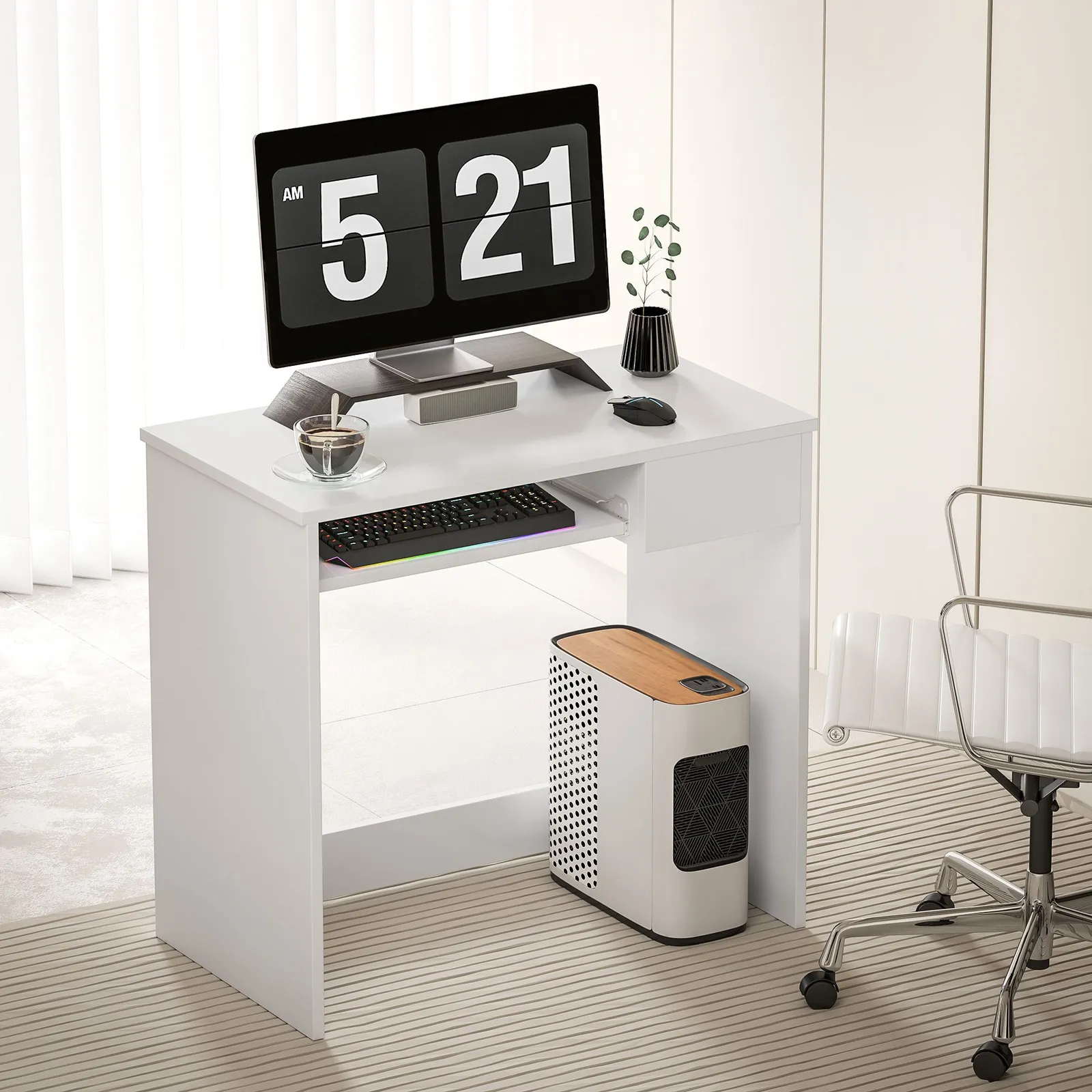 HOMCOM Compact Computer Table w/ Keyboard Tray Drawer Study Office Work in White