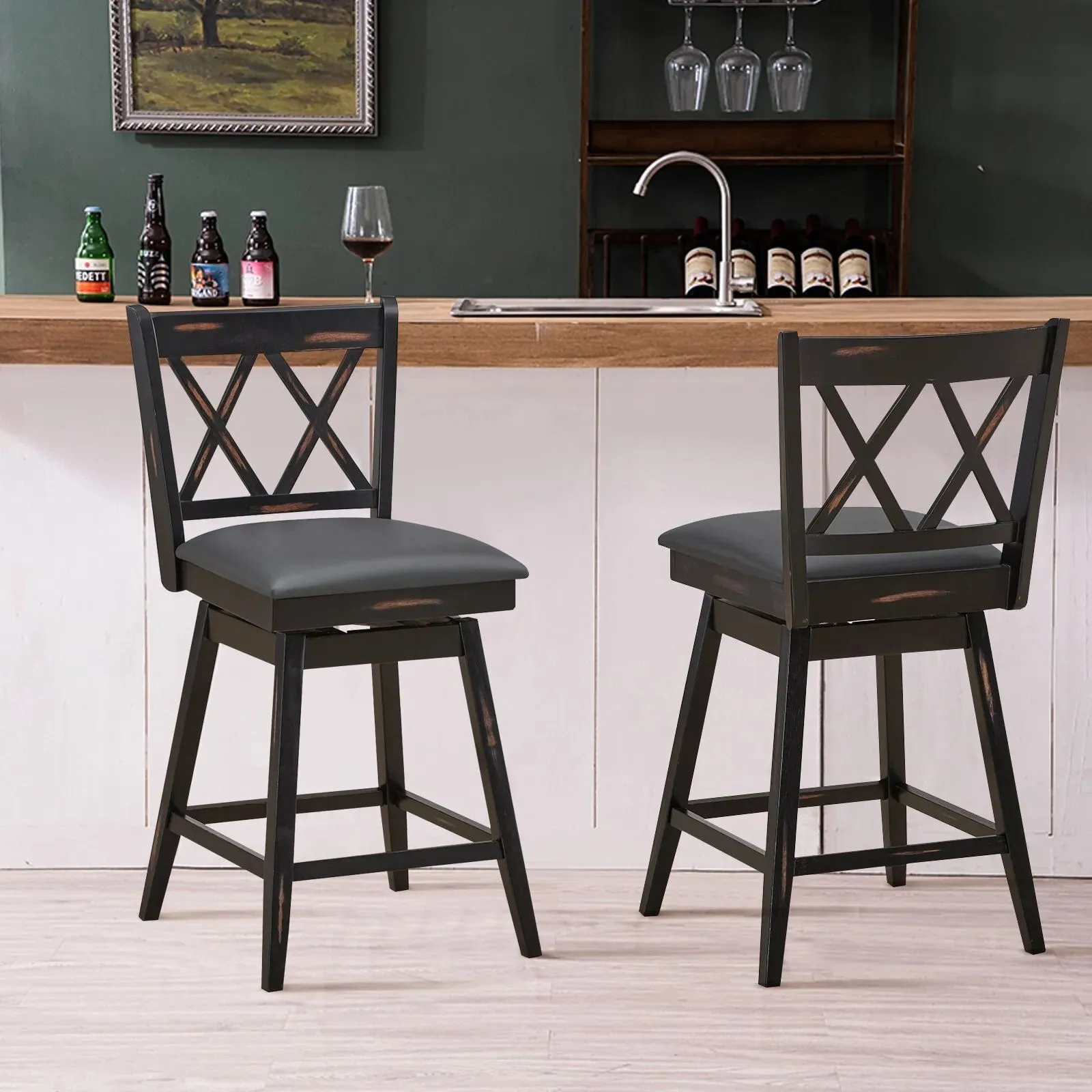 Costway Set of 2 Bar Stools Counter Height Chair Pub 360 °Swiveling Upholstered Seat 24" in Black 6