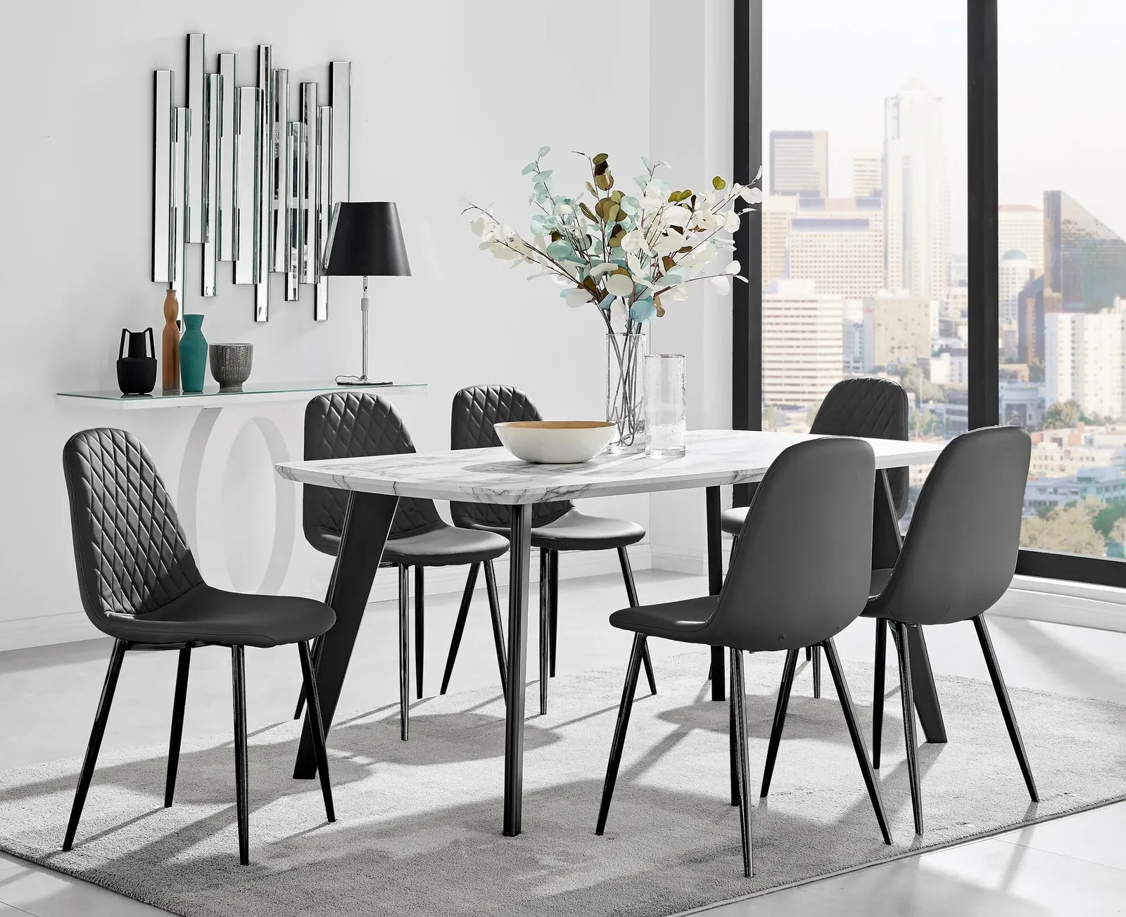 FurnitureboxUK Andria White Marble Effect & Black Leg 6 Seater Dining Table & 6 Corona Faux Leather Chairs 1