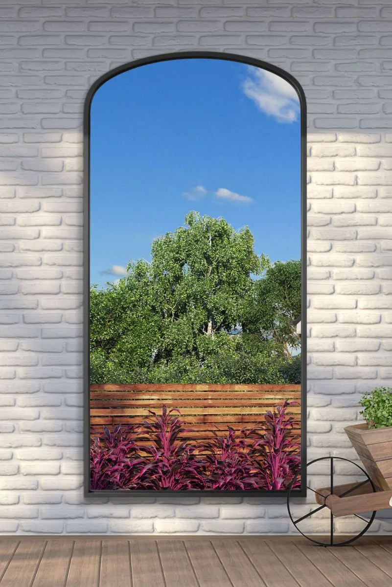 MirrorOutlet Black Metal Framed Arched Garden Wall Mirror 79"x39" (200x100CM)