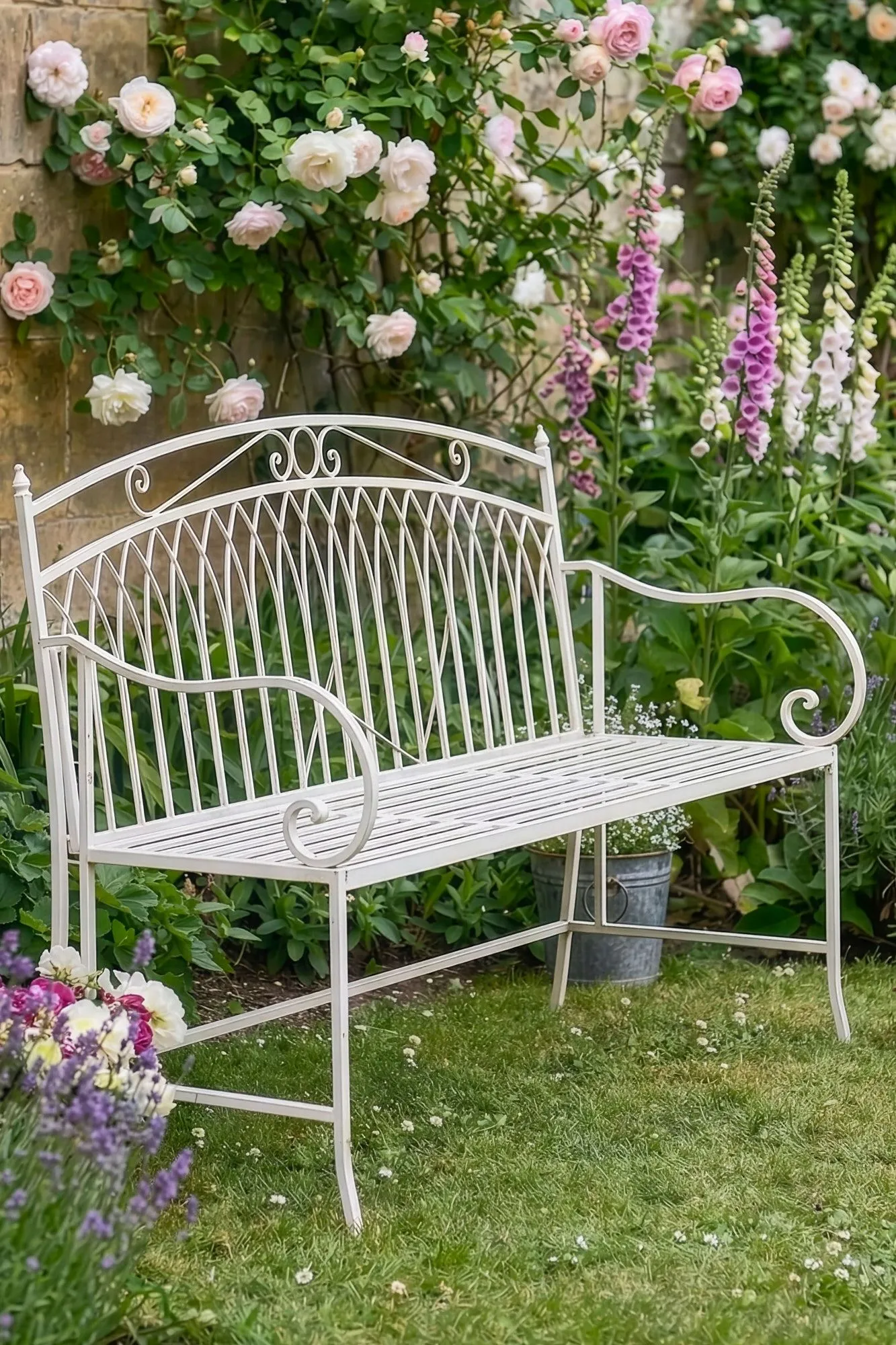 Dibor Vintage Large Cream Arched Outdoor Garden Furniture Bench with Table 3