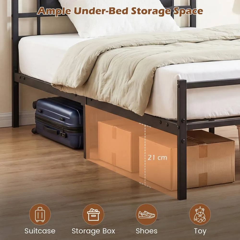 Costway Single Bed Frame with Upholstered Headboard & Metal Slats in Black 4