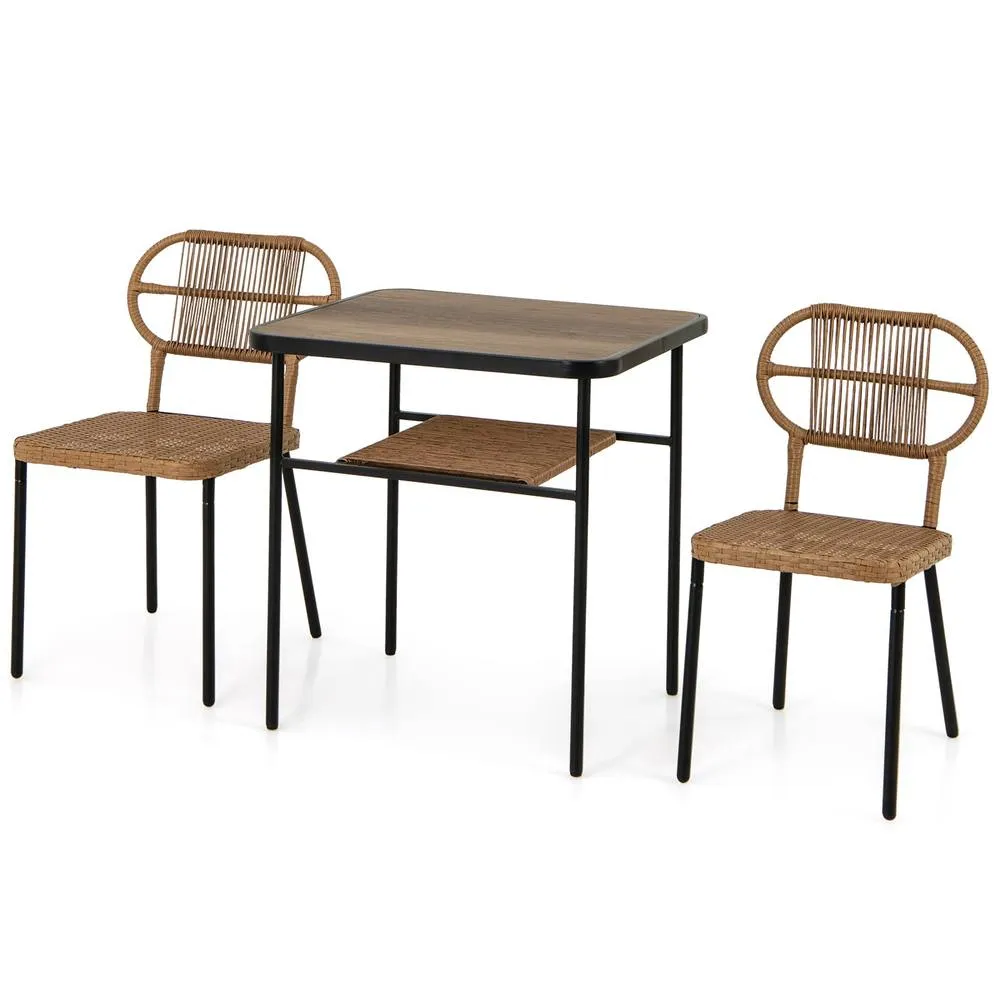 Costway 3 Piece Patio Dining Set 2 Varied-Size Stackable Rattan Chairs-Natural in Brown