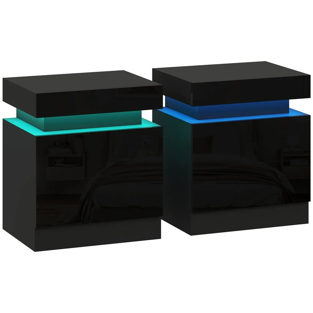 HOMCOM High Gloss Bedside Table Set of 2 with LED Light & 2 Drawers, Black 2