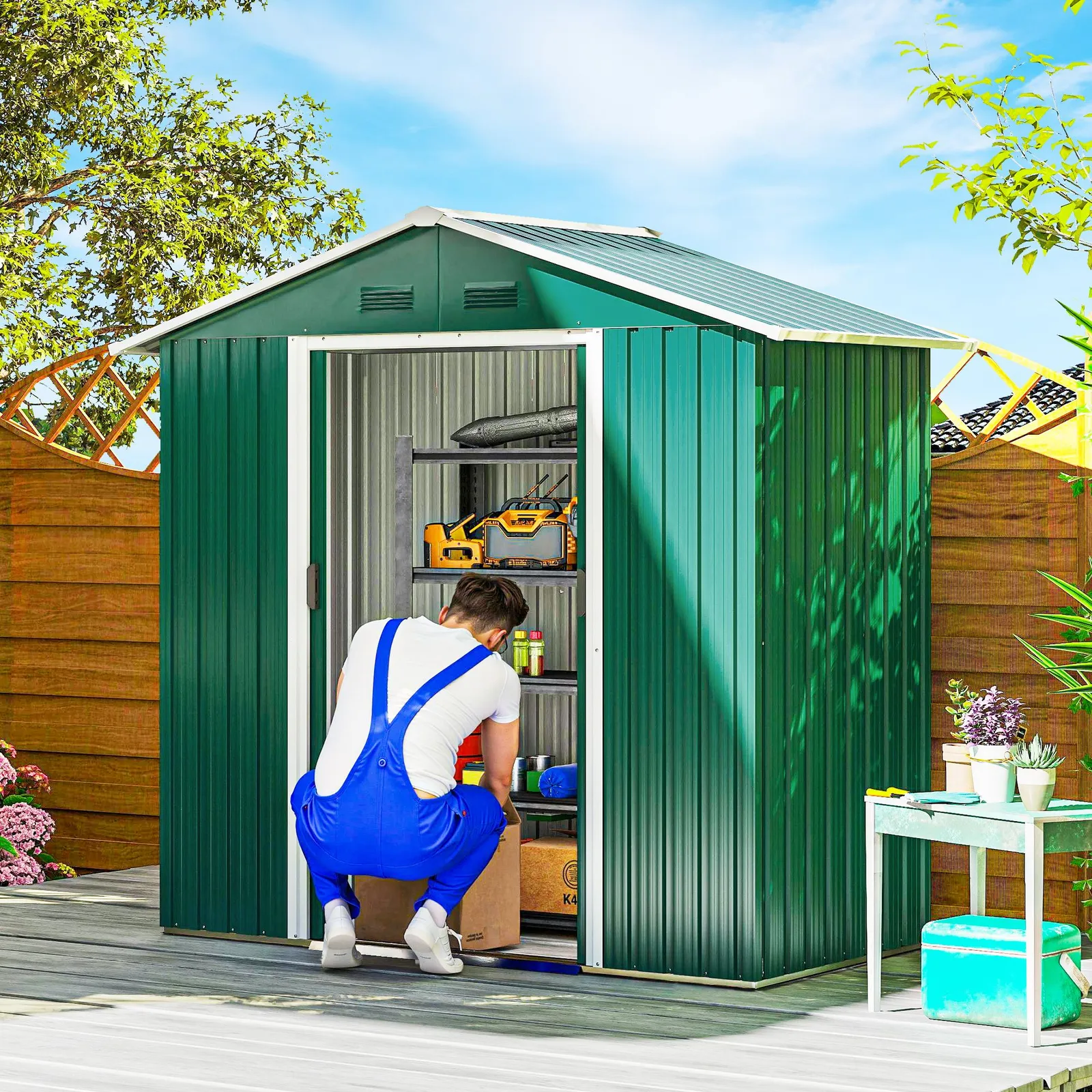 OUTSUNNY 6.5ft x 3.5ft Garden Storage Shed, Large Metal Shed in Green