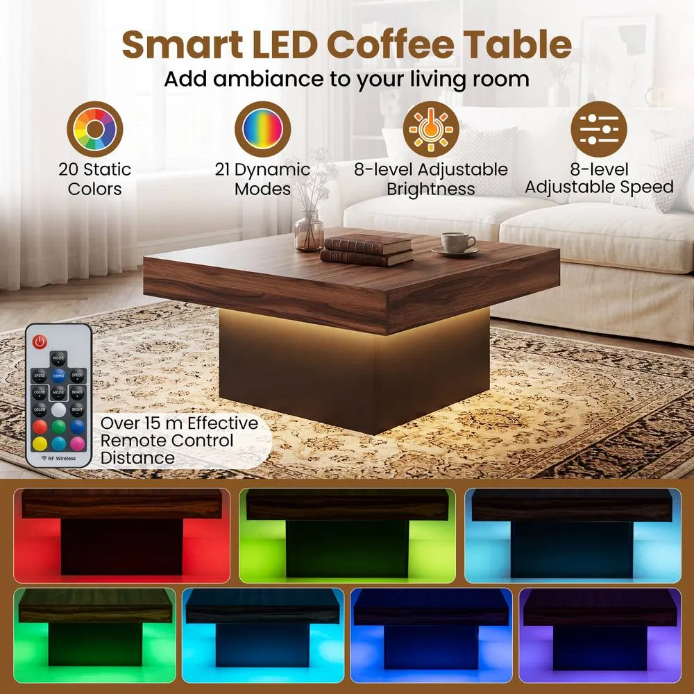 Costway Coffee Table Square Center Table with LED Lights in Brown 4