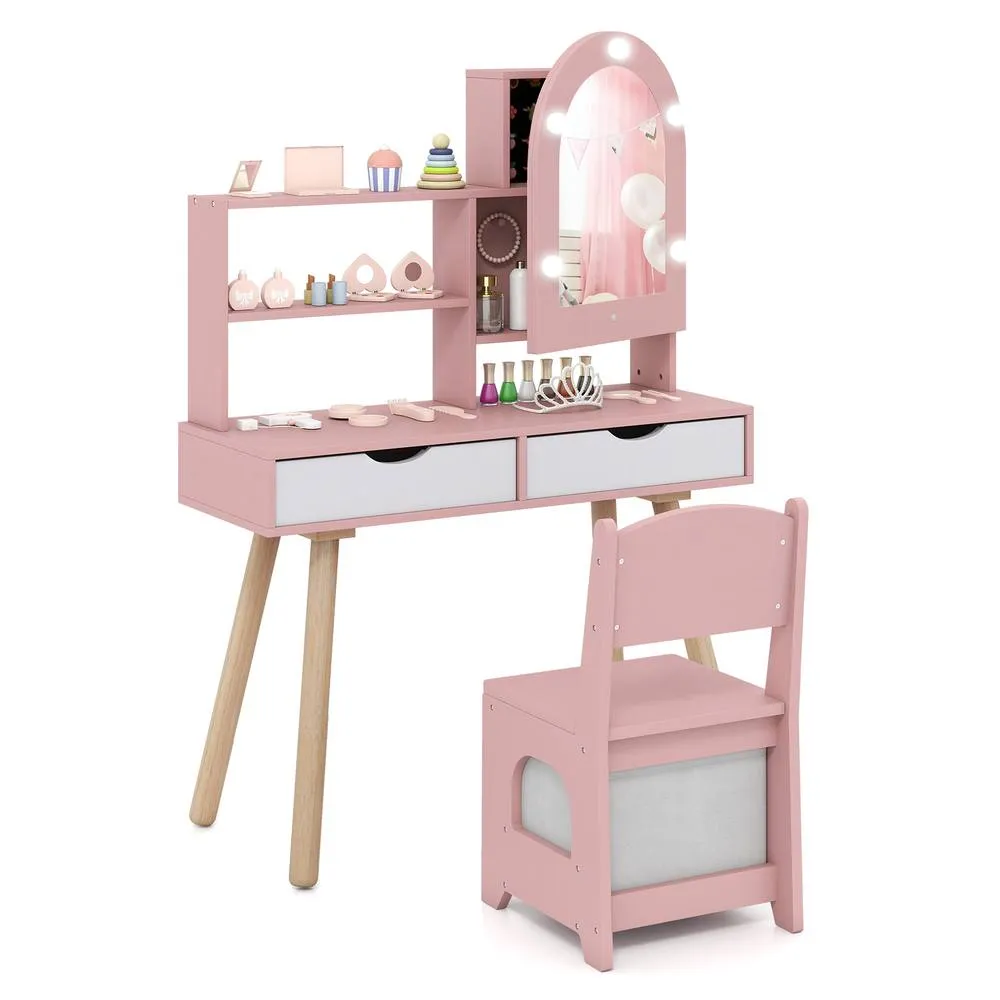 Costway 2-In-1 Princess Vanity Table & Chair Set with Mirror in Pink