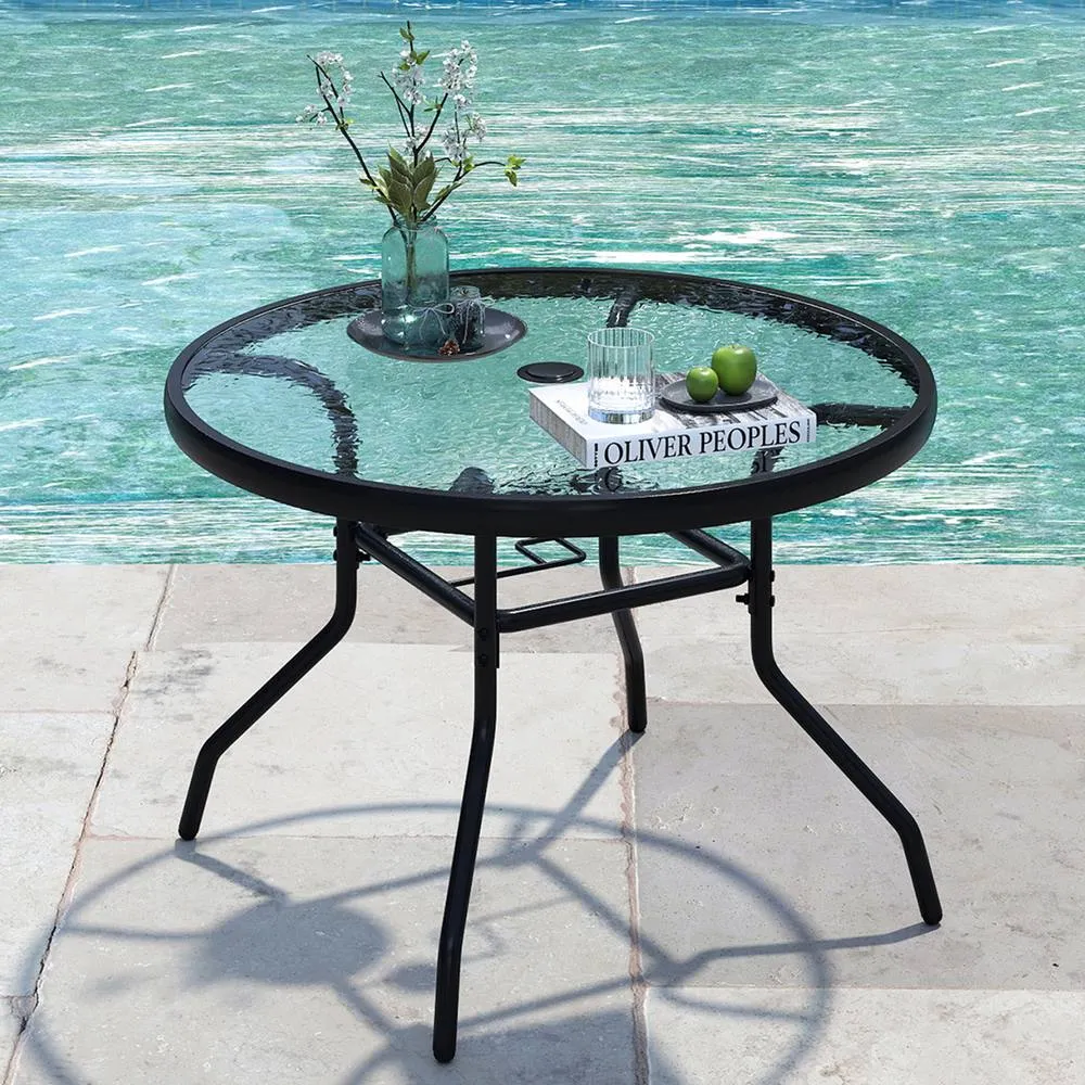 Costway Patio Side Table w/ Umbrella Hole Outdoor Round Bistro Table in Black