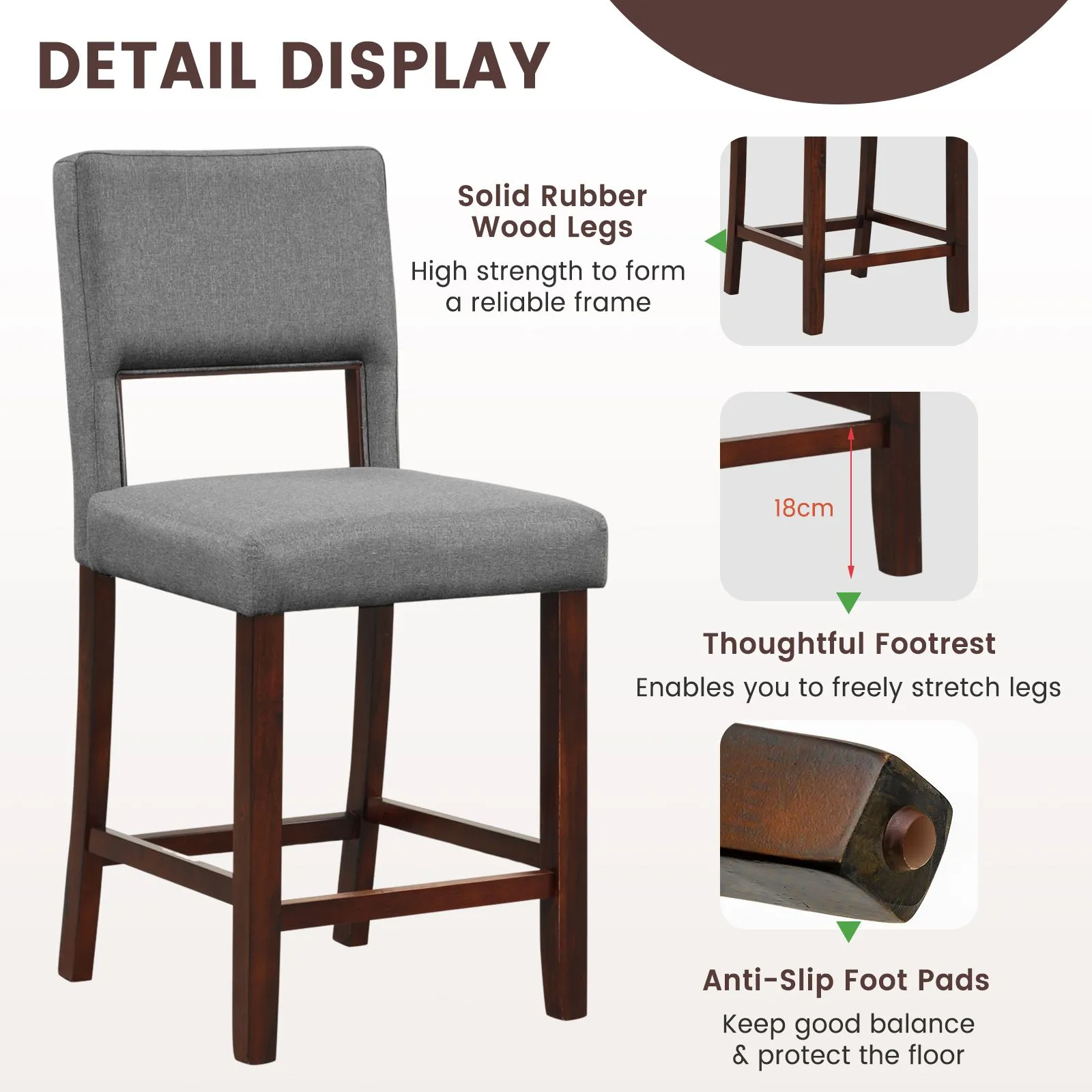 Costway Set of 2 Bar Stools Linen Counter Height Chair Upholstered Kitchen Island Stool in Grey 4