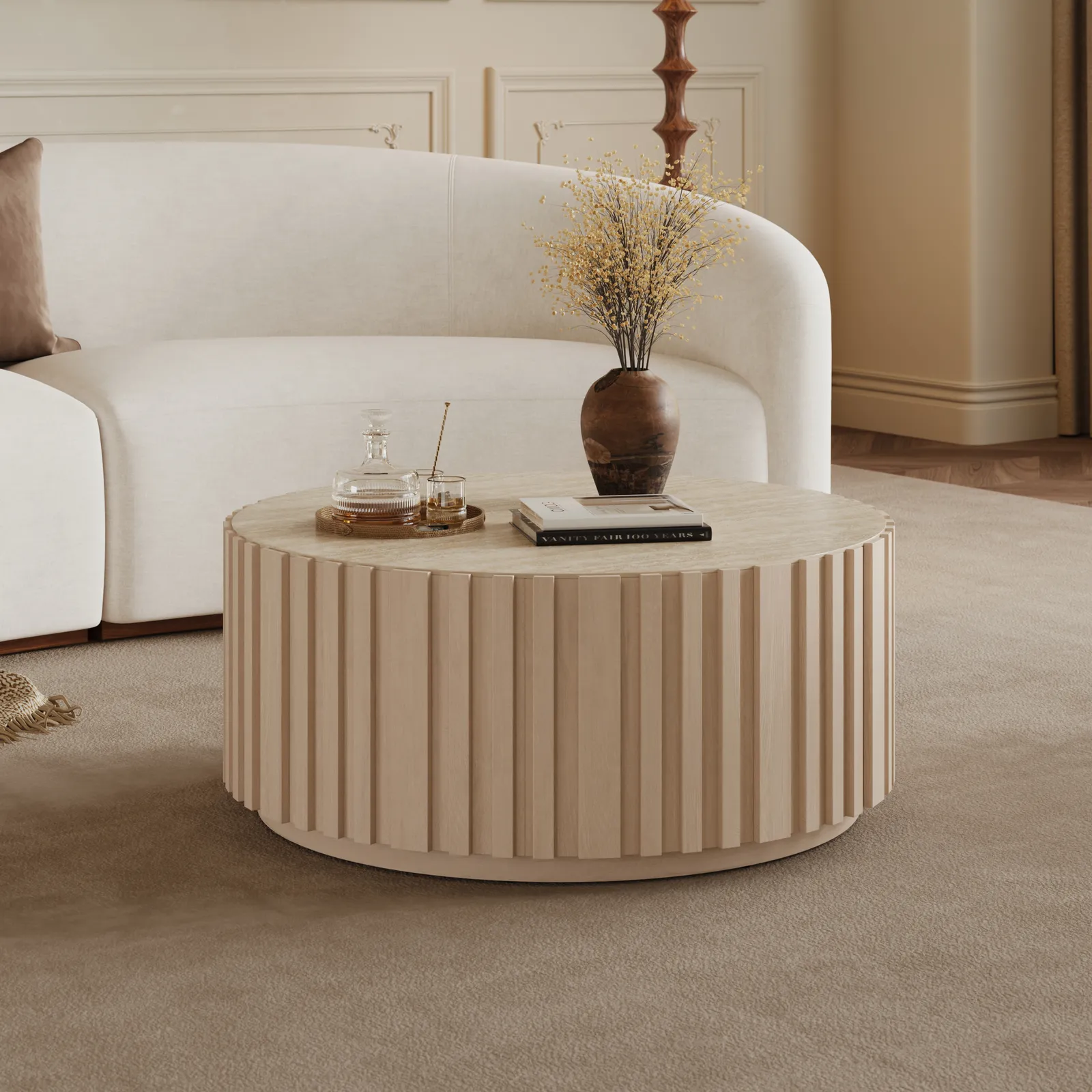 Aura 35" Ash Wood Slatted Round Coffee Table with Sintered Stone Top