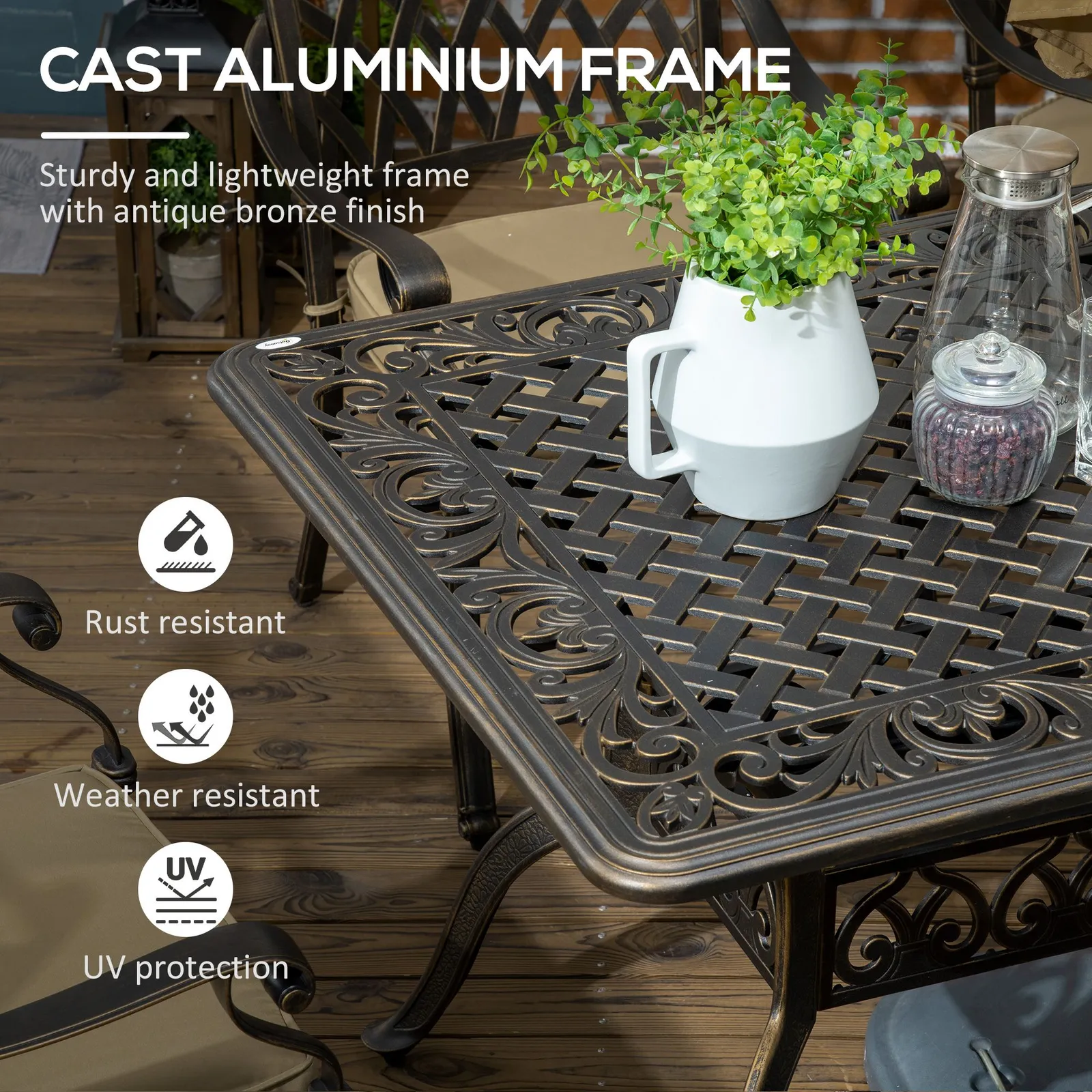 OUTSUNNY 7-PC Cast Aluminum Patio Dining Set w/ Umbrella Hole & Cushion in Bronze 4