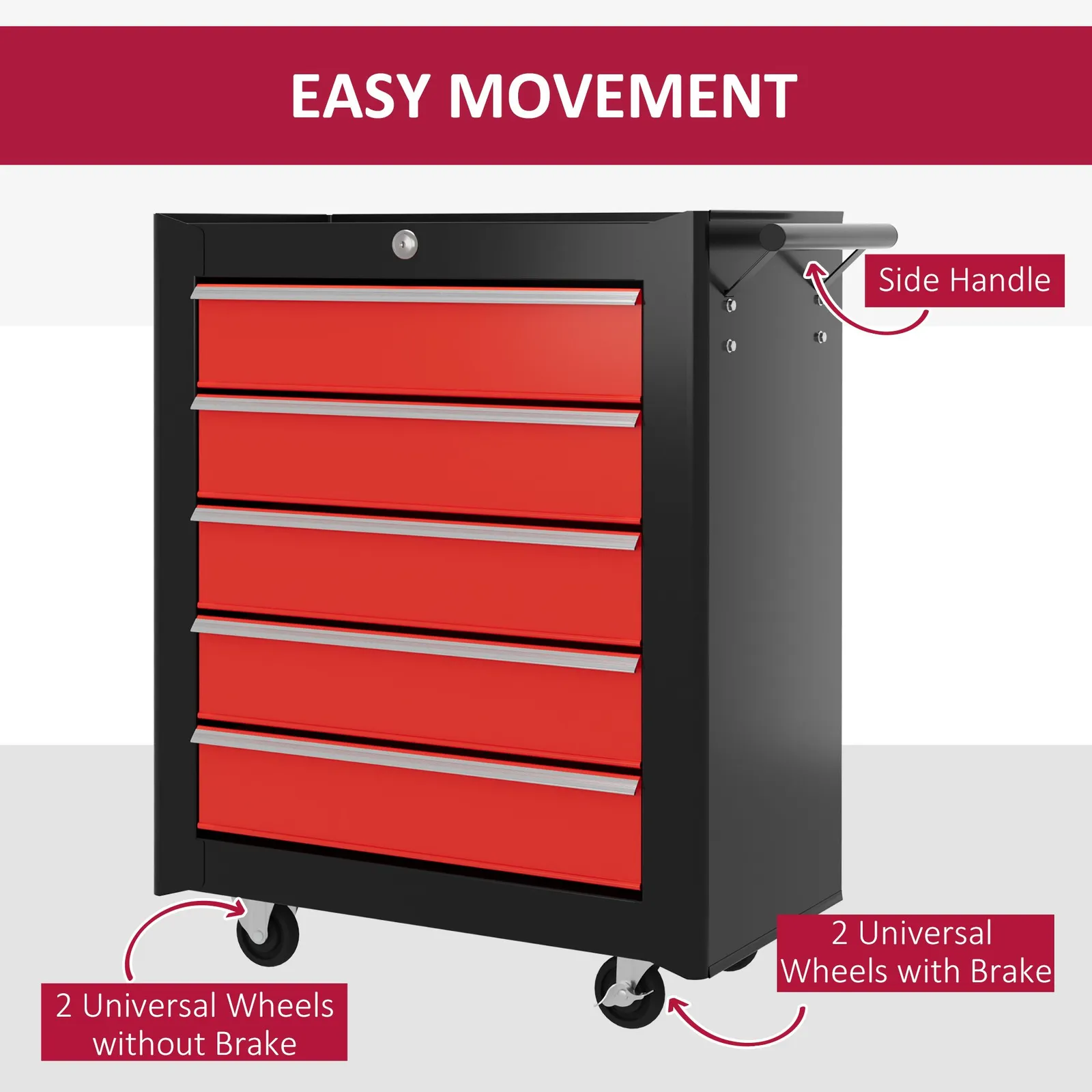 HOMCOM 5-Drawer Tool Chest Steel Lockable Tool Storage Cabinet w/ Wheels in Red 6