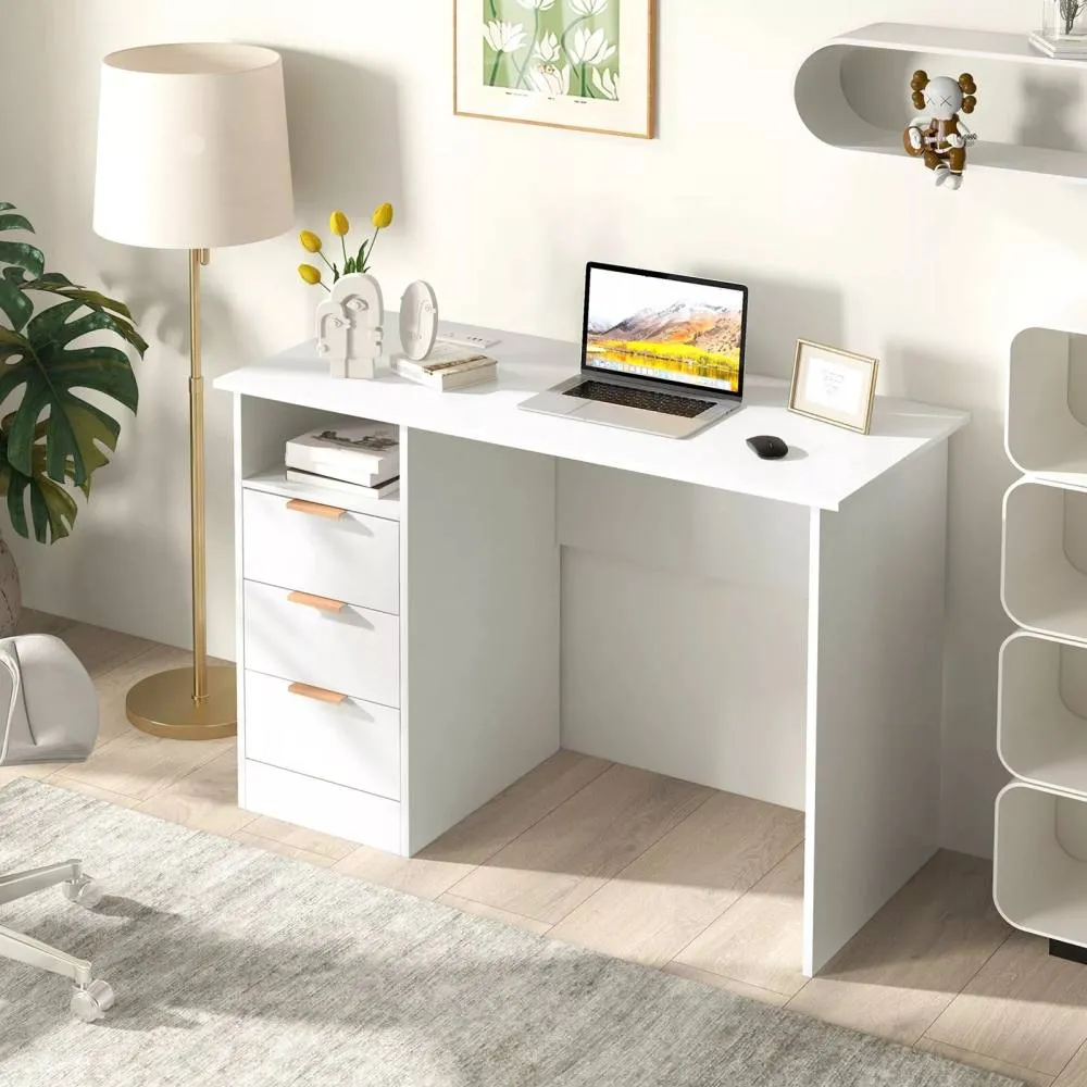 Costway Home Office Desk w/ Power Outlet Modern Computer Desk 3 Drawers Writing Table in White 4