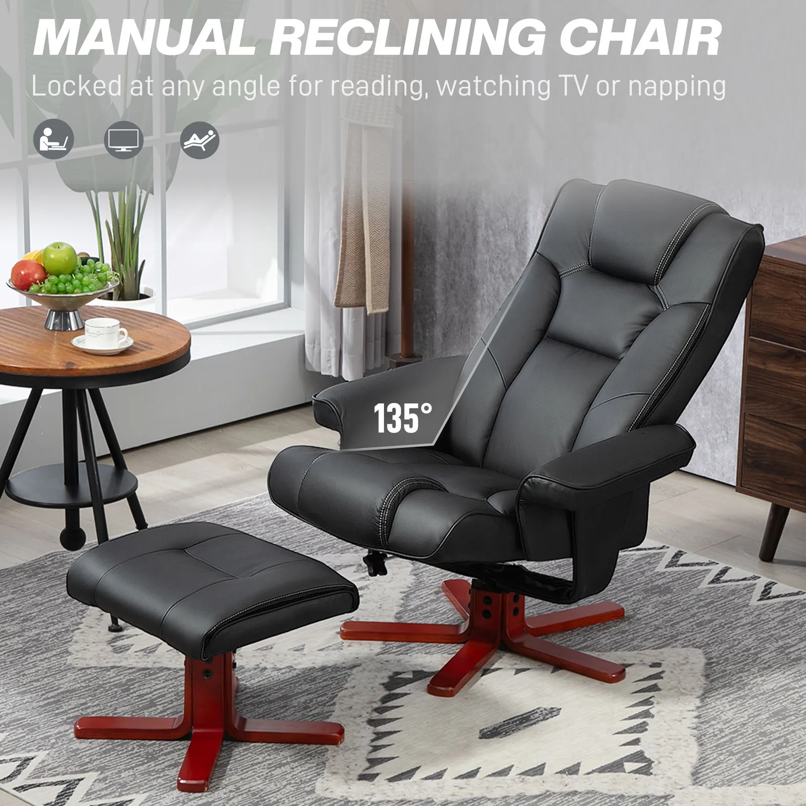 HOMCOM Reclining Armchair with Footstool & Adjustable Backrest in Black 4